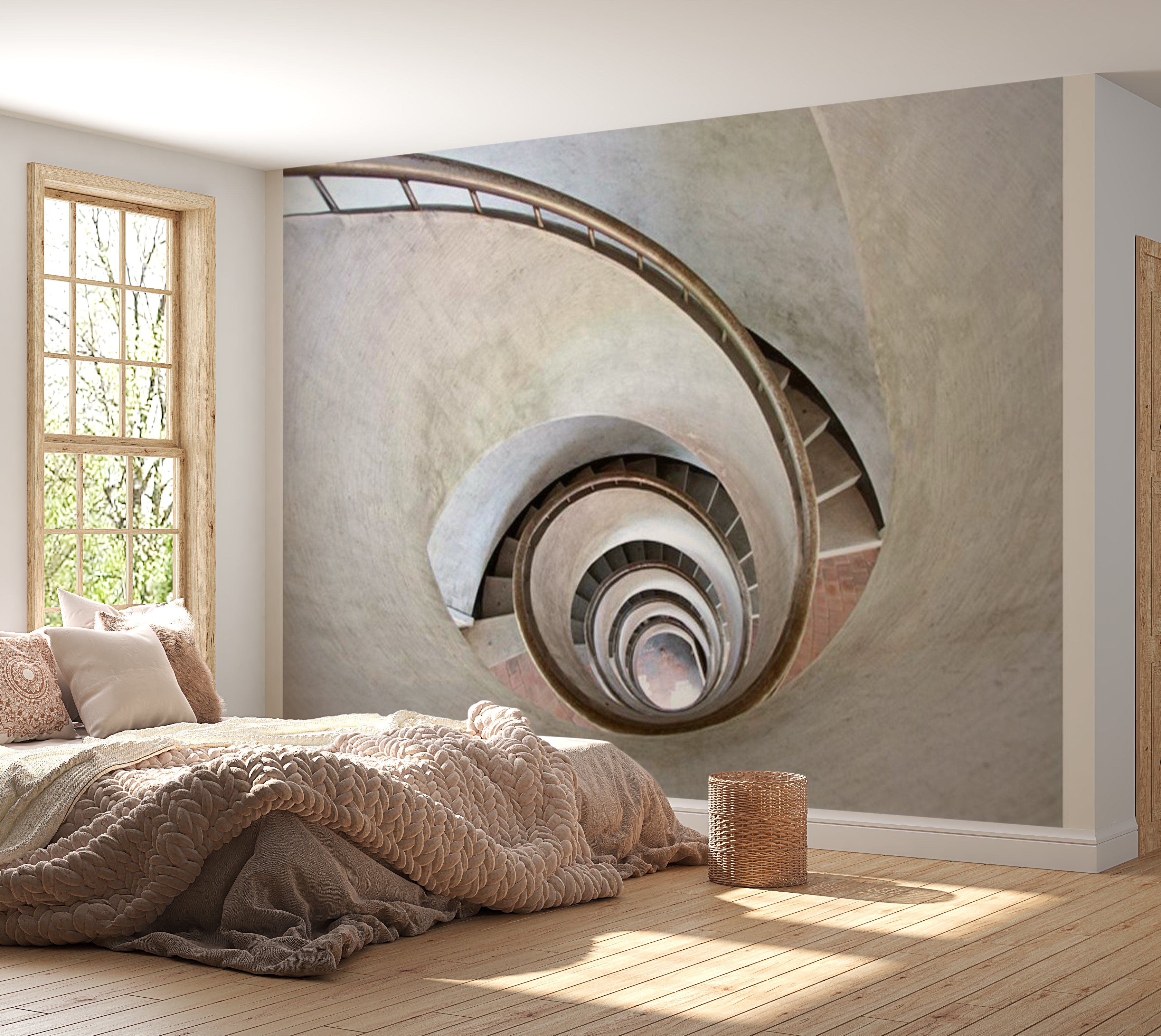 3D Illusion Wallpaper Wall Mural - White Spiral Stairs 118"Wx90"H