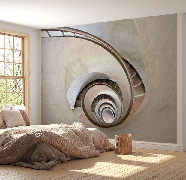 3D Illusion Wallpaper Wall Mural - White Spiral Stairs 118"Wx90"H