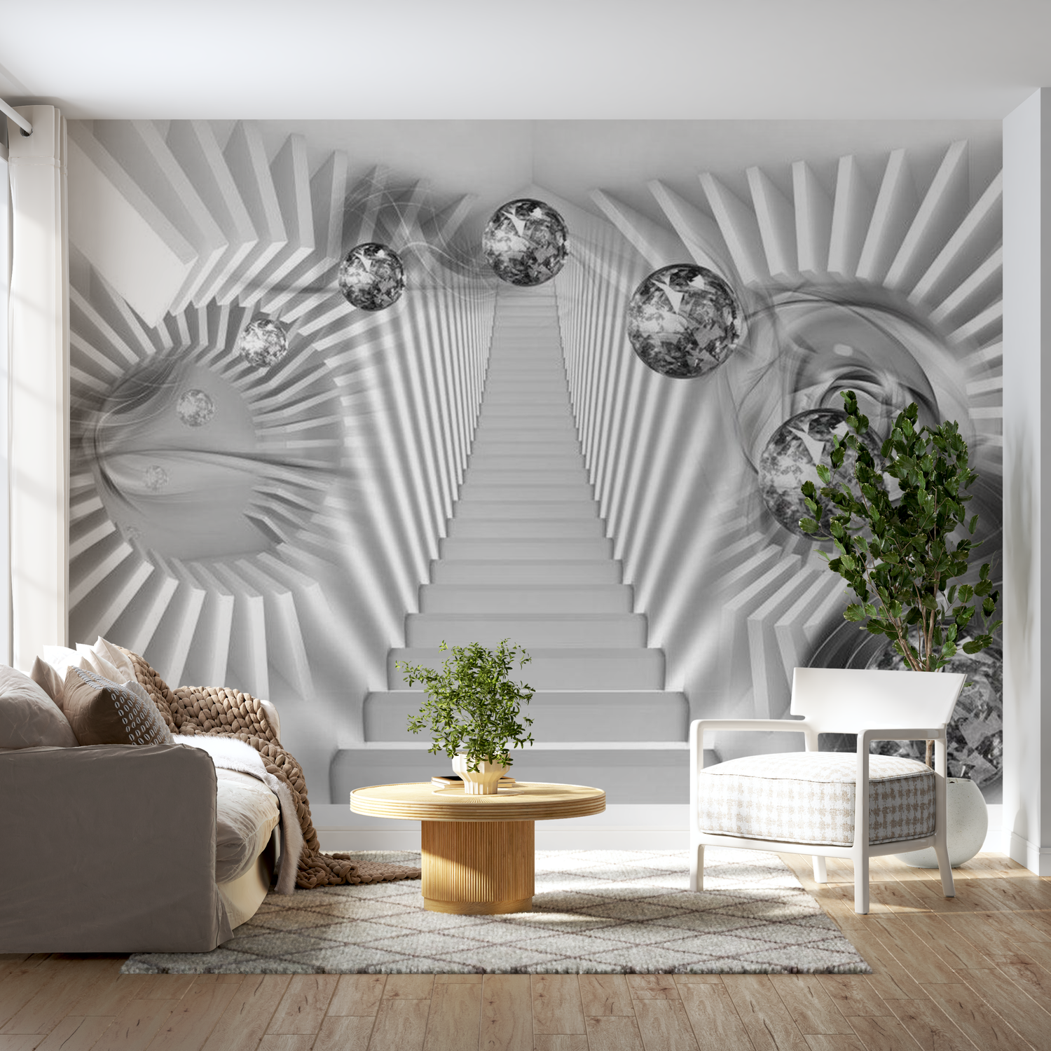 3D Illusion Wallpaper Wall Mural - Silver Stairs 39"Wx27"H