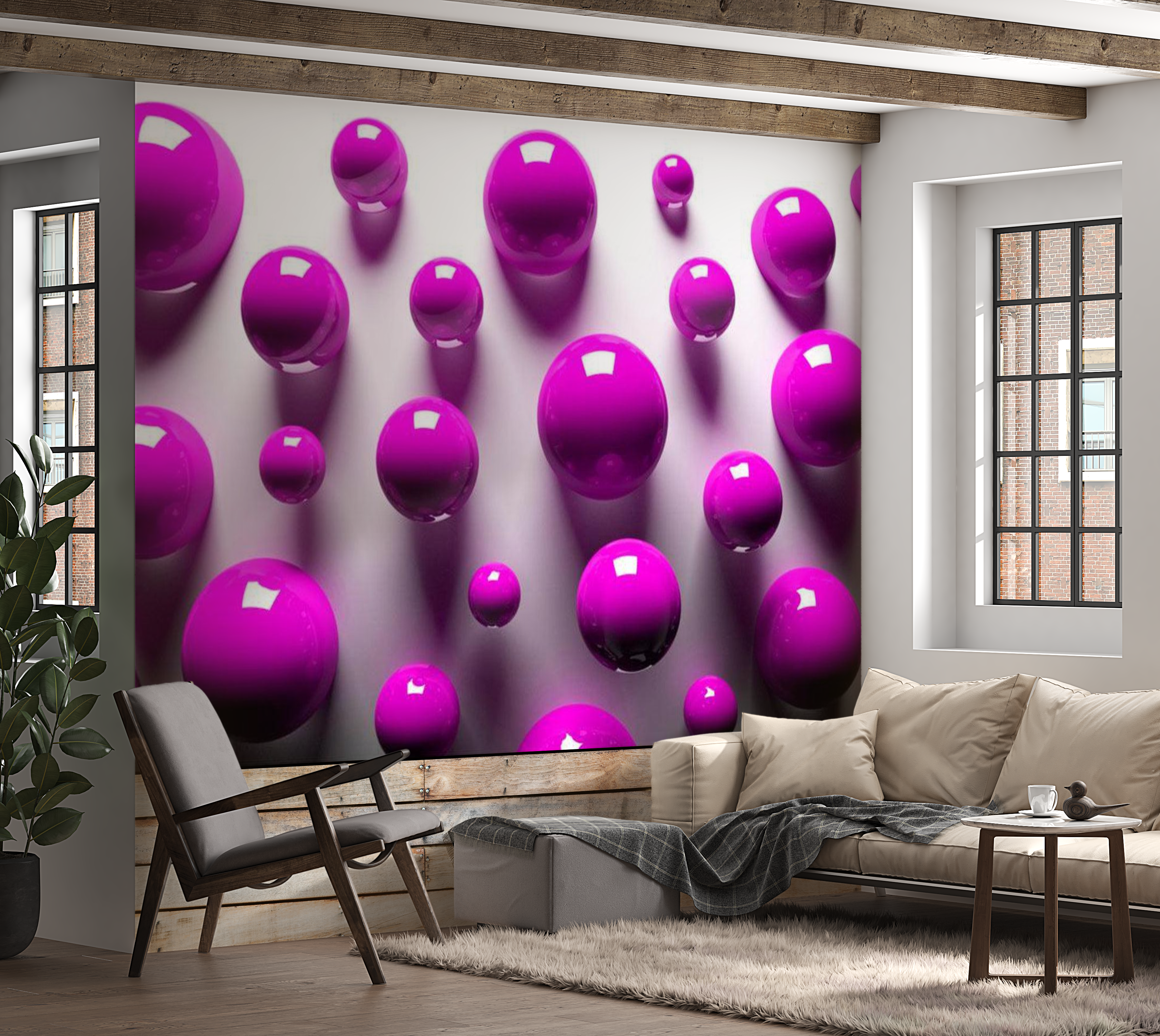 3D Illusion Wallpaper Wall Mural - Purple Balls