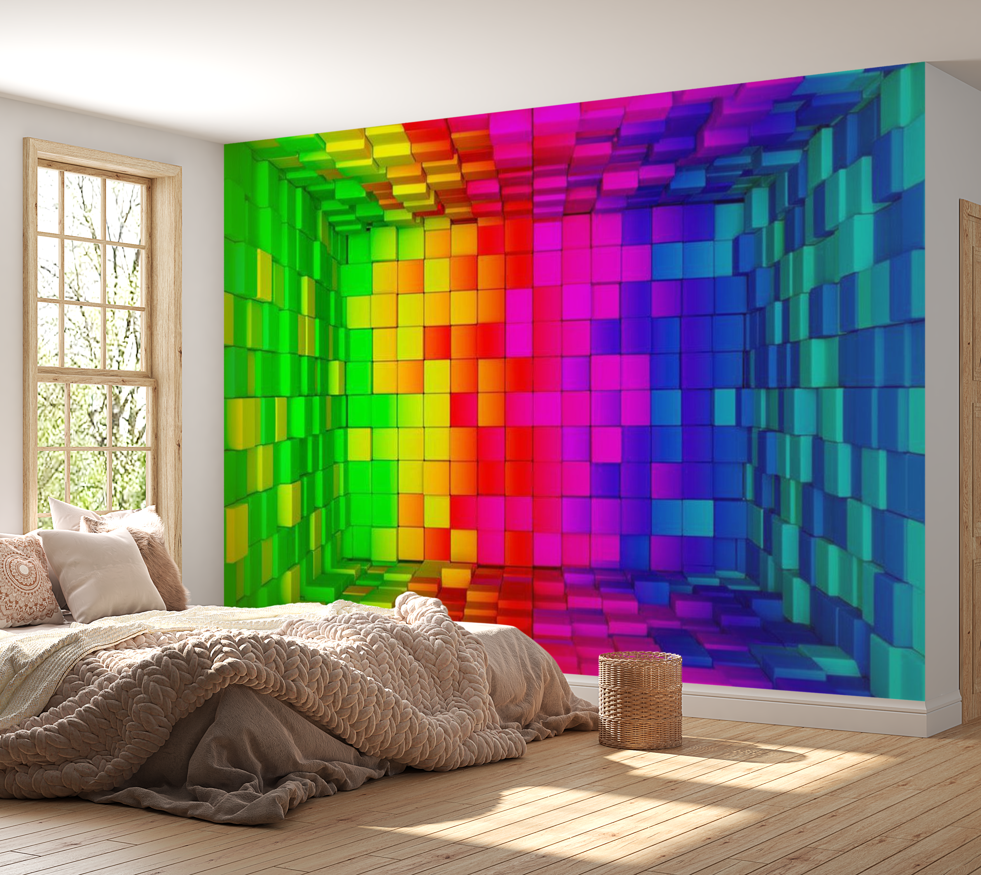 3D Illusion Wallpaper Wall Mural - Rainbow Cube