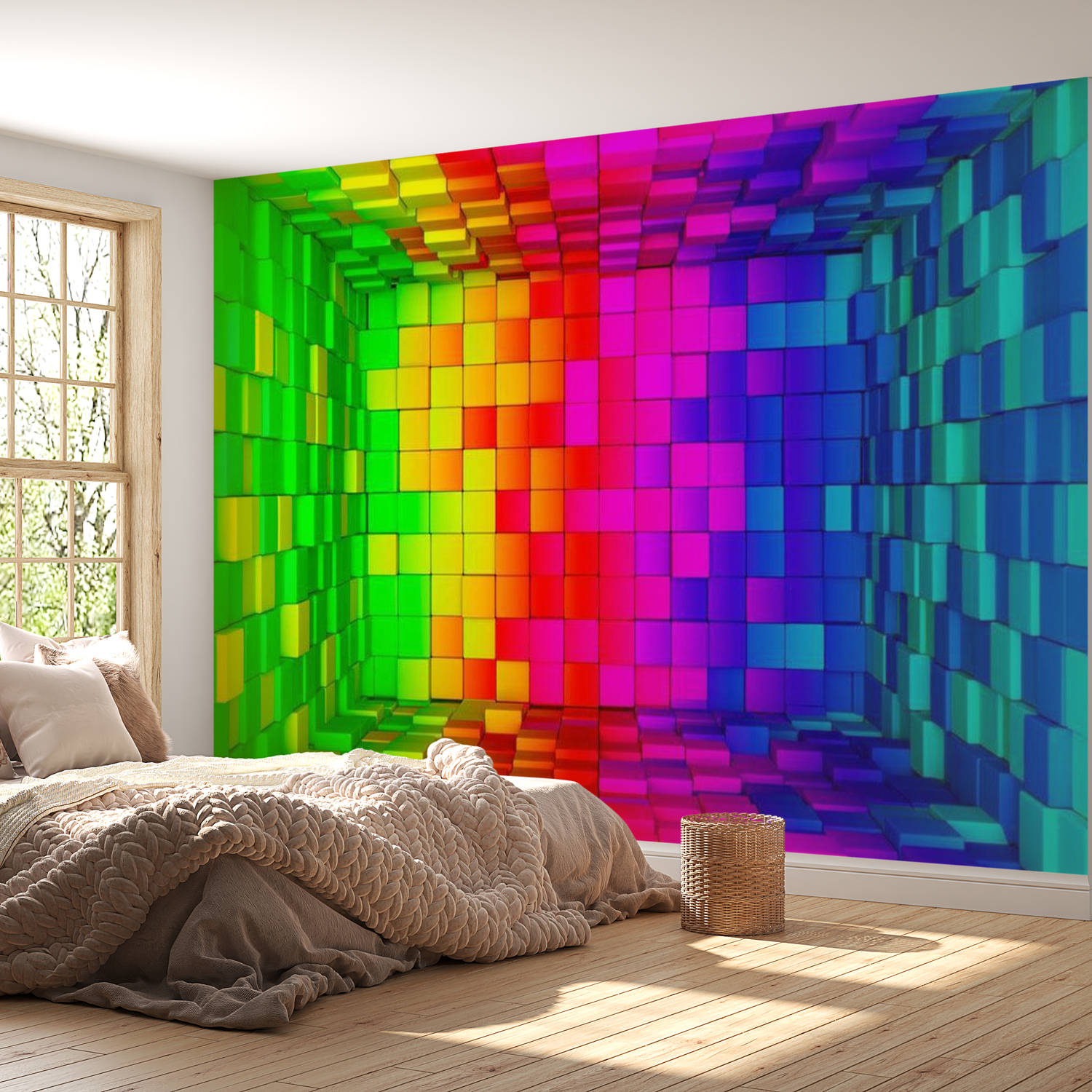 3D Illusion Wallpaper Wall Mural - Rainbow Cube 39"Wx27"H