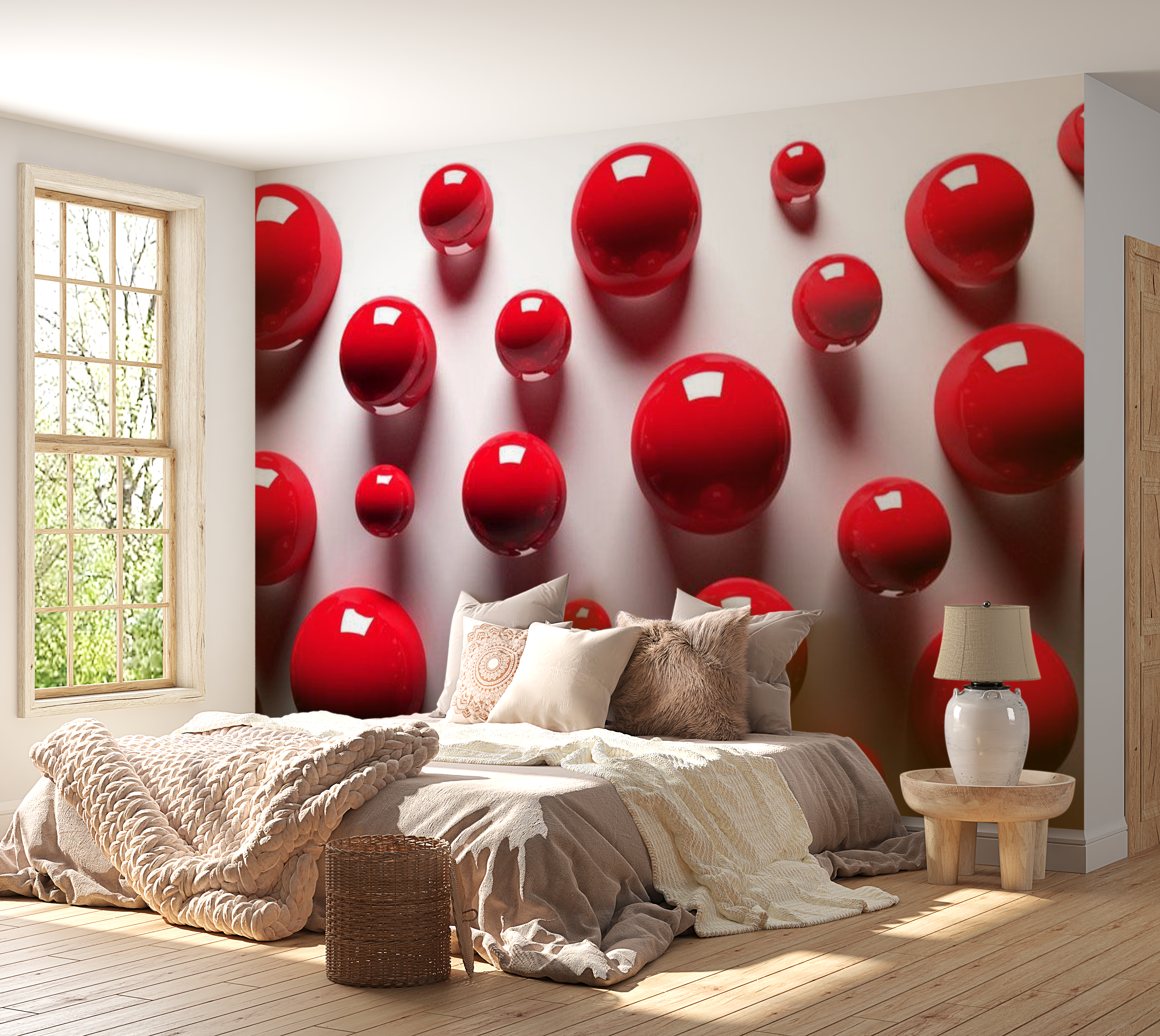 3D Illusion Wallpaper Wall Mural - Red Balls