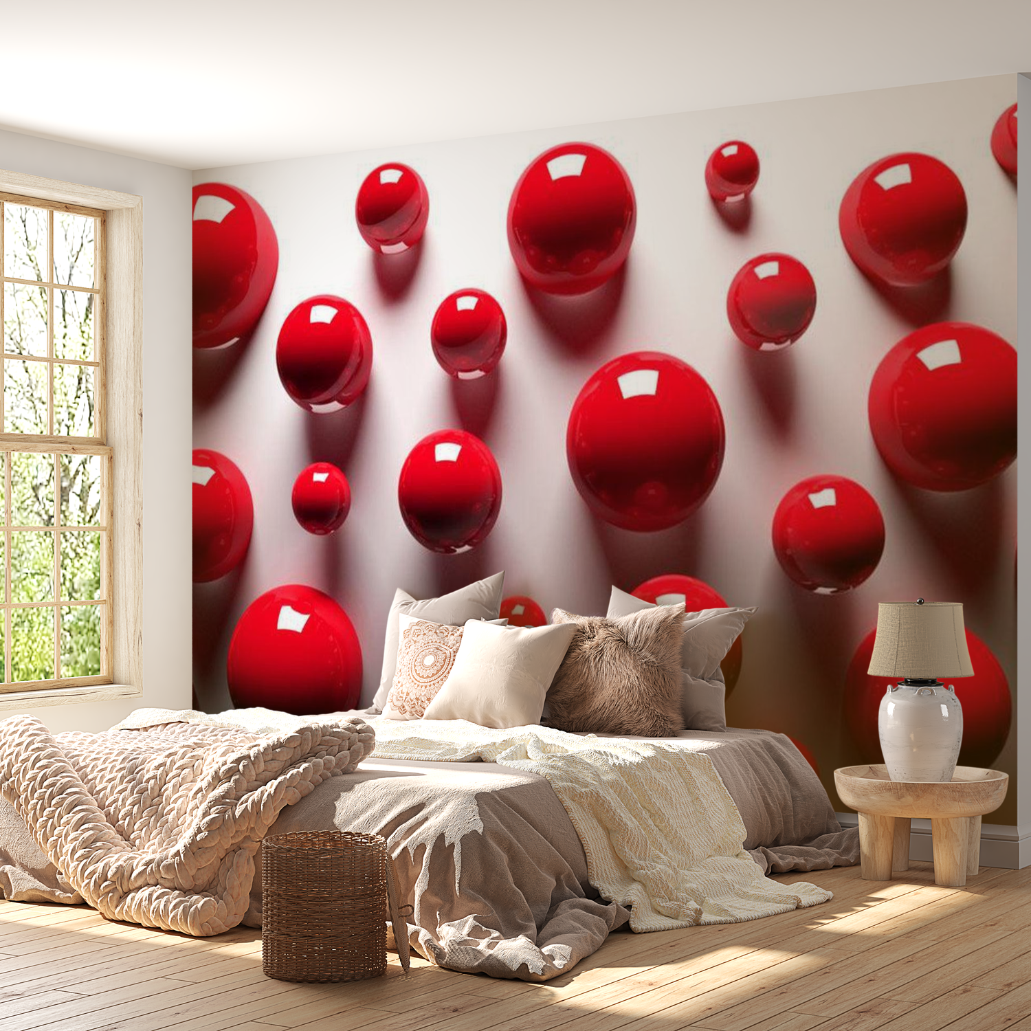 3D Illusion Wallpaper Wall Mural - Red Balls 39"Wx27"H