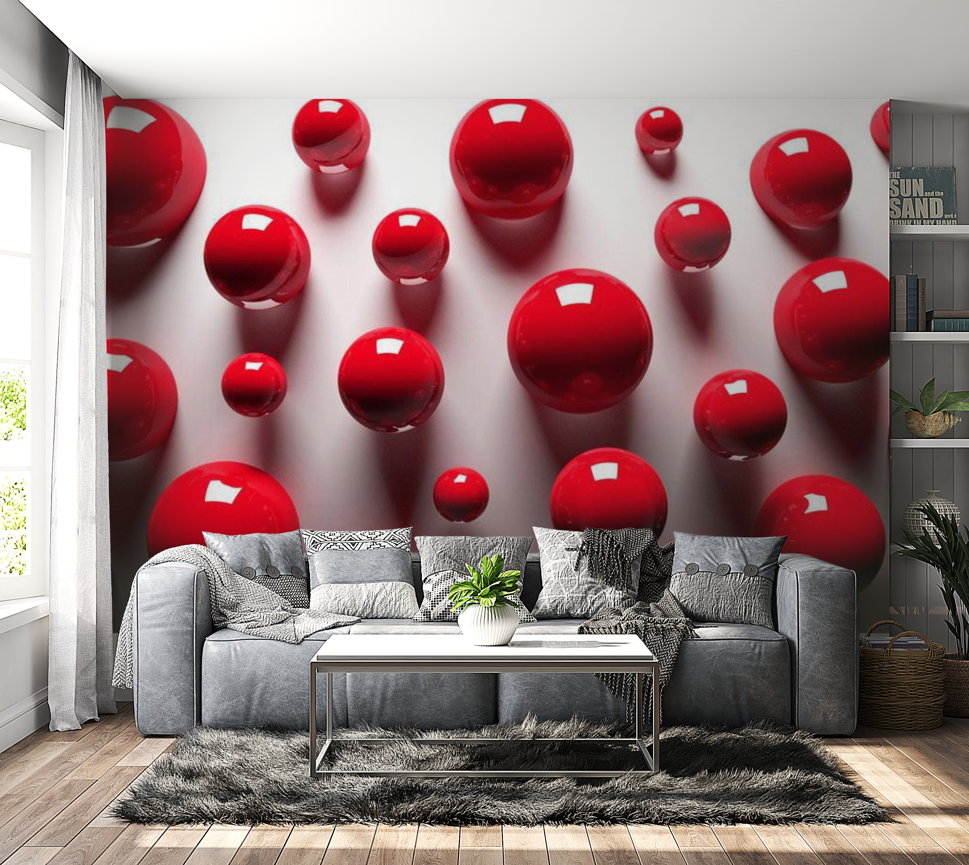 3D Illusion Wallpaper Wall Mural - Red Balls 39"Wx27"H