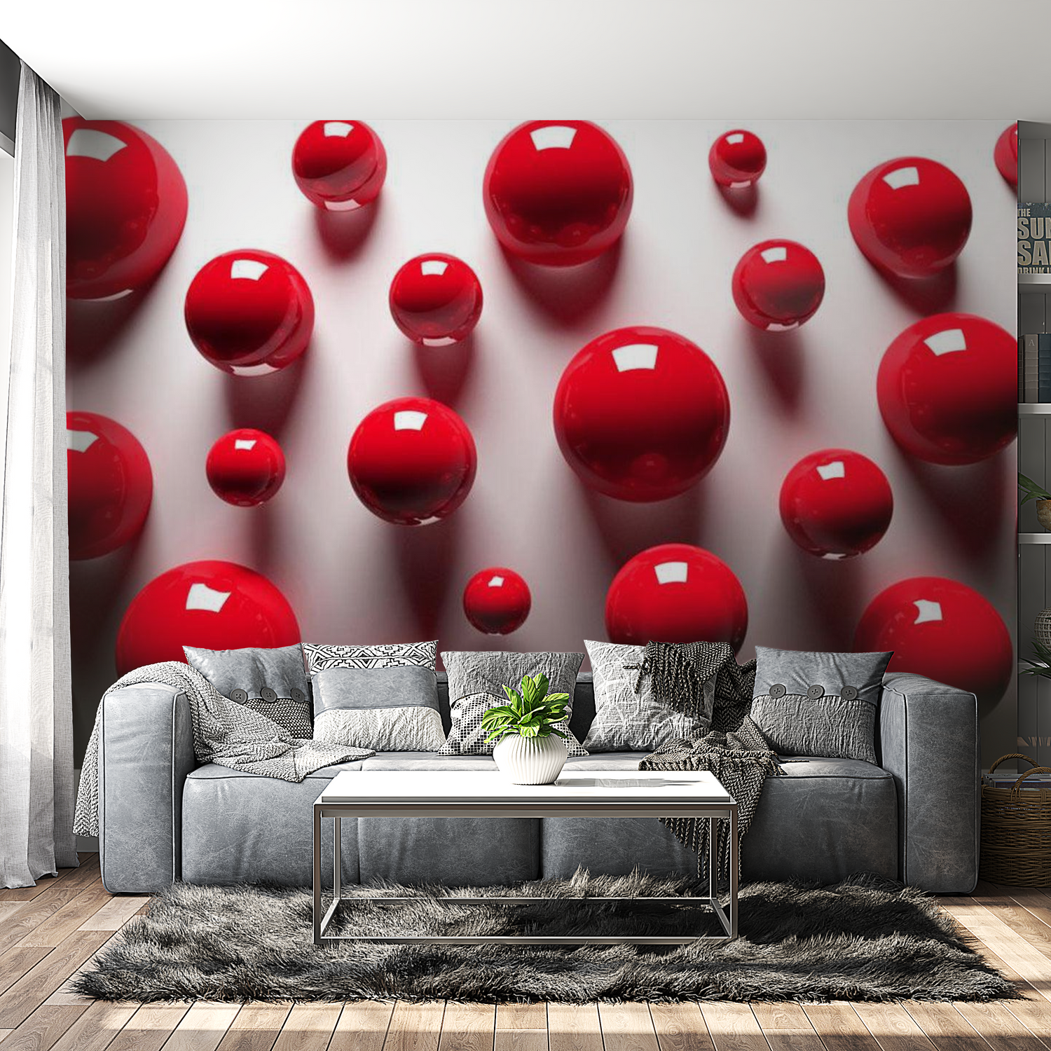 3D Illusion Wallpaper Wall Mural - Red Balls 39"Wx27"H