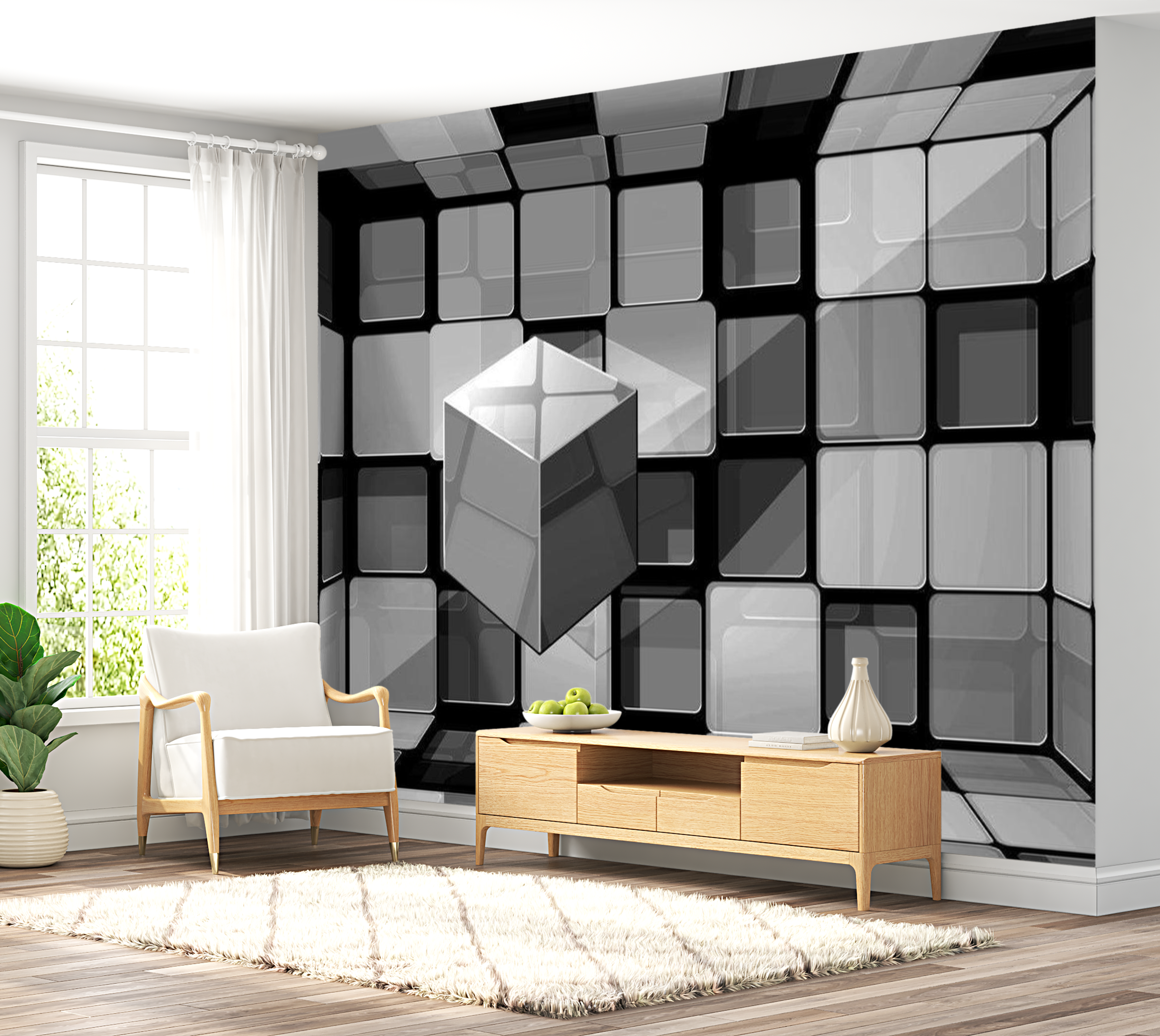 3D Illusion Wallpaper Wall Mural - Rubik's Cube In Gray