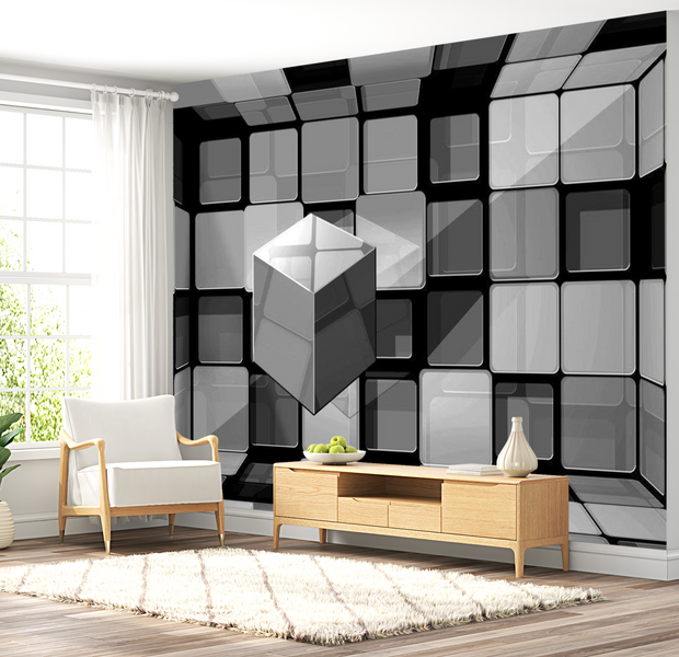 3D Illusion Wallpaper Wall Mural - Rubik's Cube In Gray