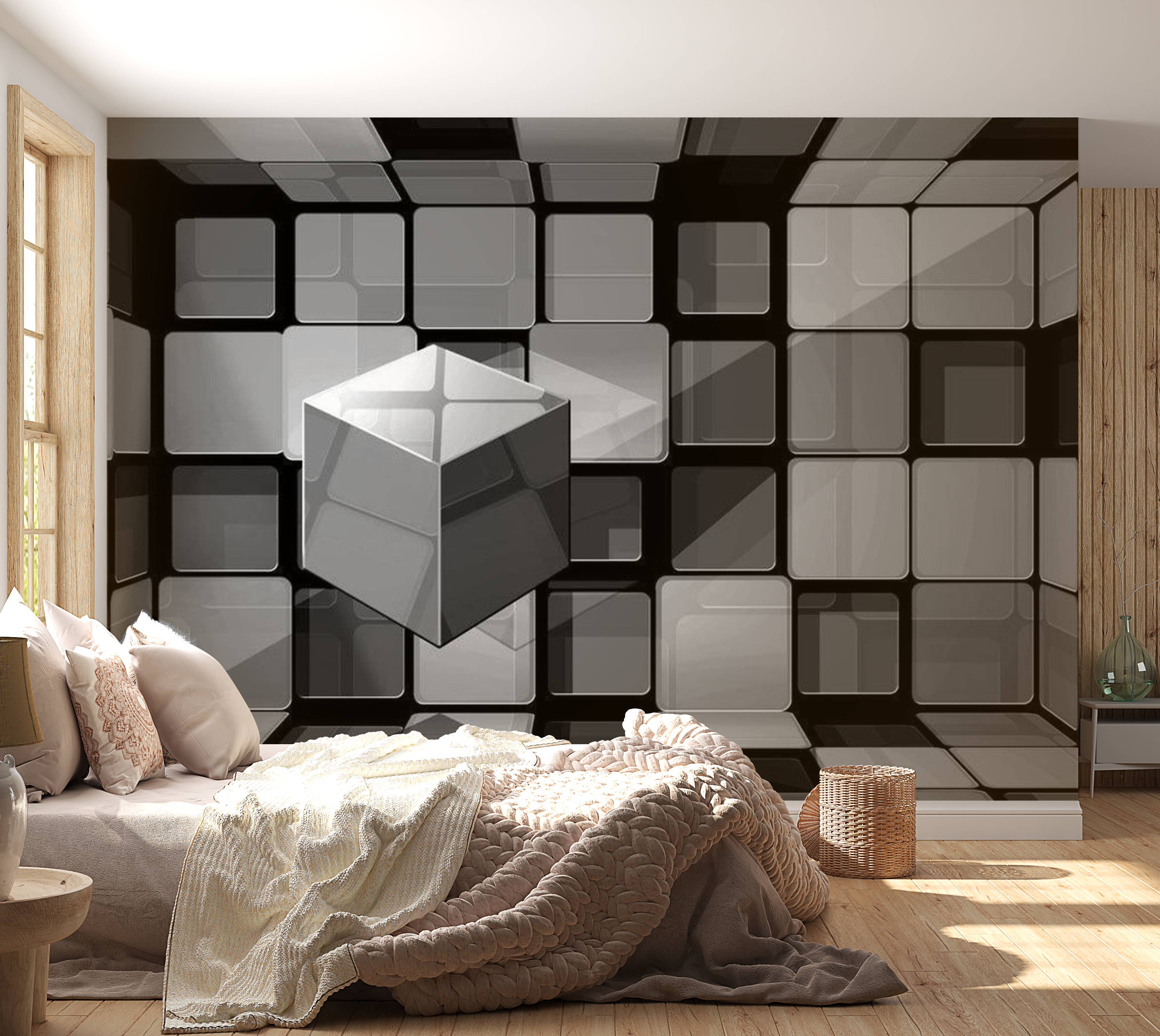 3D Illusion Wallpaper Wall Mural - Rubik's Cube In Gray 39"Wx27"H