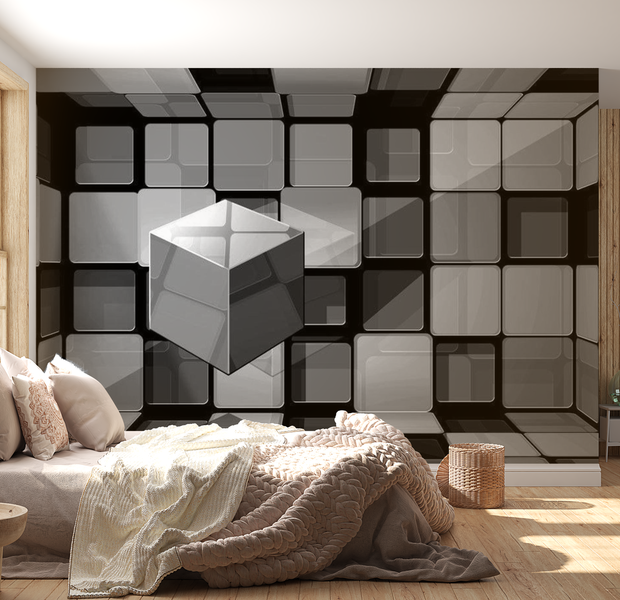 3D Illusion Wallpaper Wall Mural - Rubik's Cube In Gray 39"Wx27"H