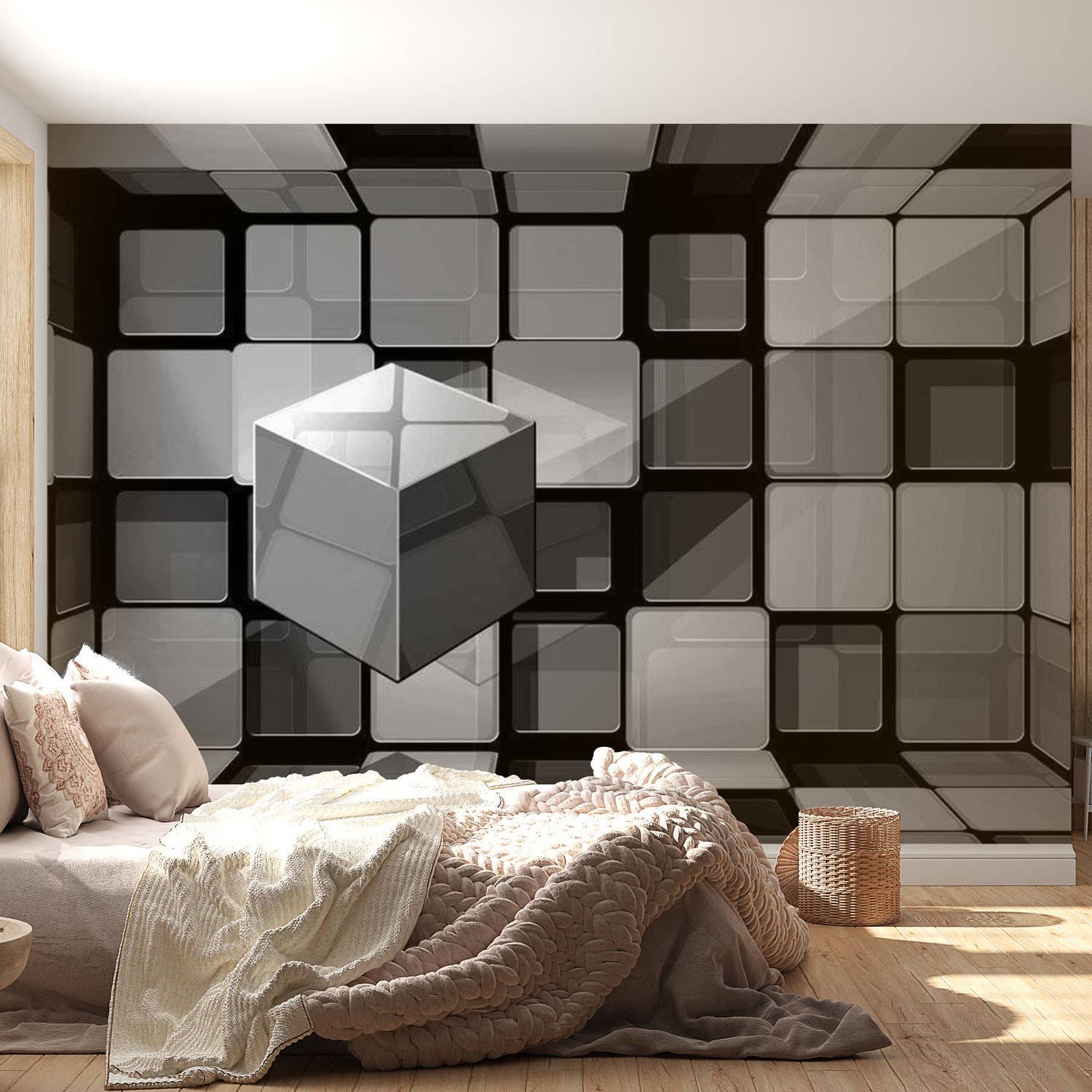 3D Illusion Wallpaper Wall Mural - Rubik's Cube In Gray 39"Wx27"H
