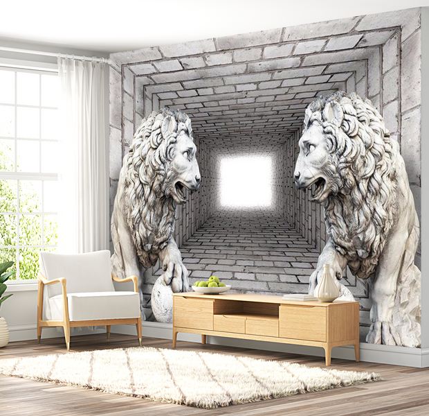 3D Illusion Wallpaper Wall Mural - Stone Lions