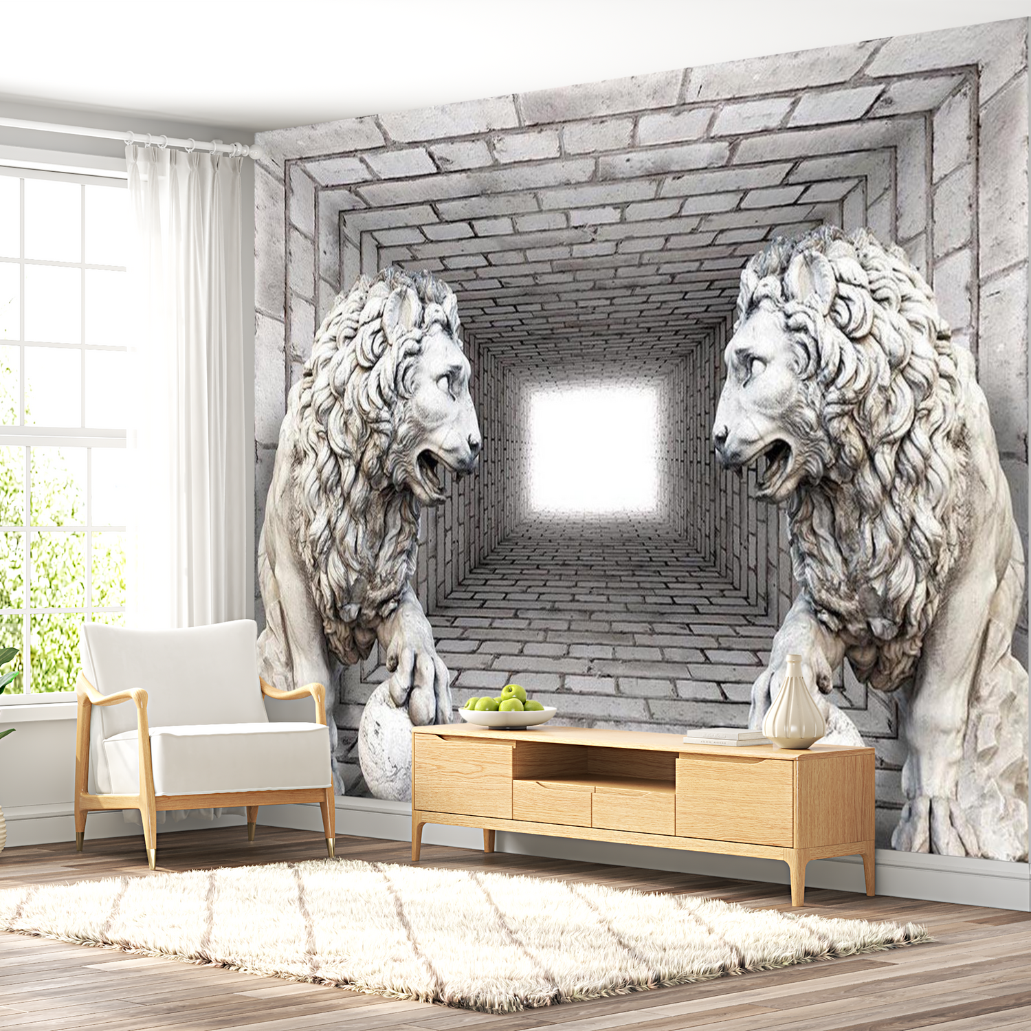 3D Illusion Wallpaper Wall Mural - Stone Lions 39"Wx27"H