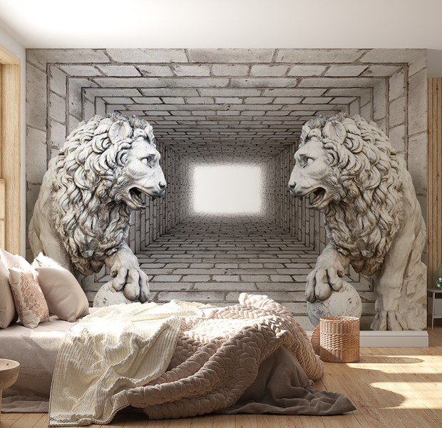 3D Illusion Wallpaper Wall Mural - Stone Lions 39"Wx27"H