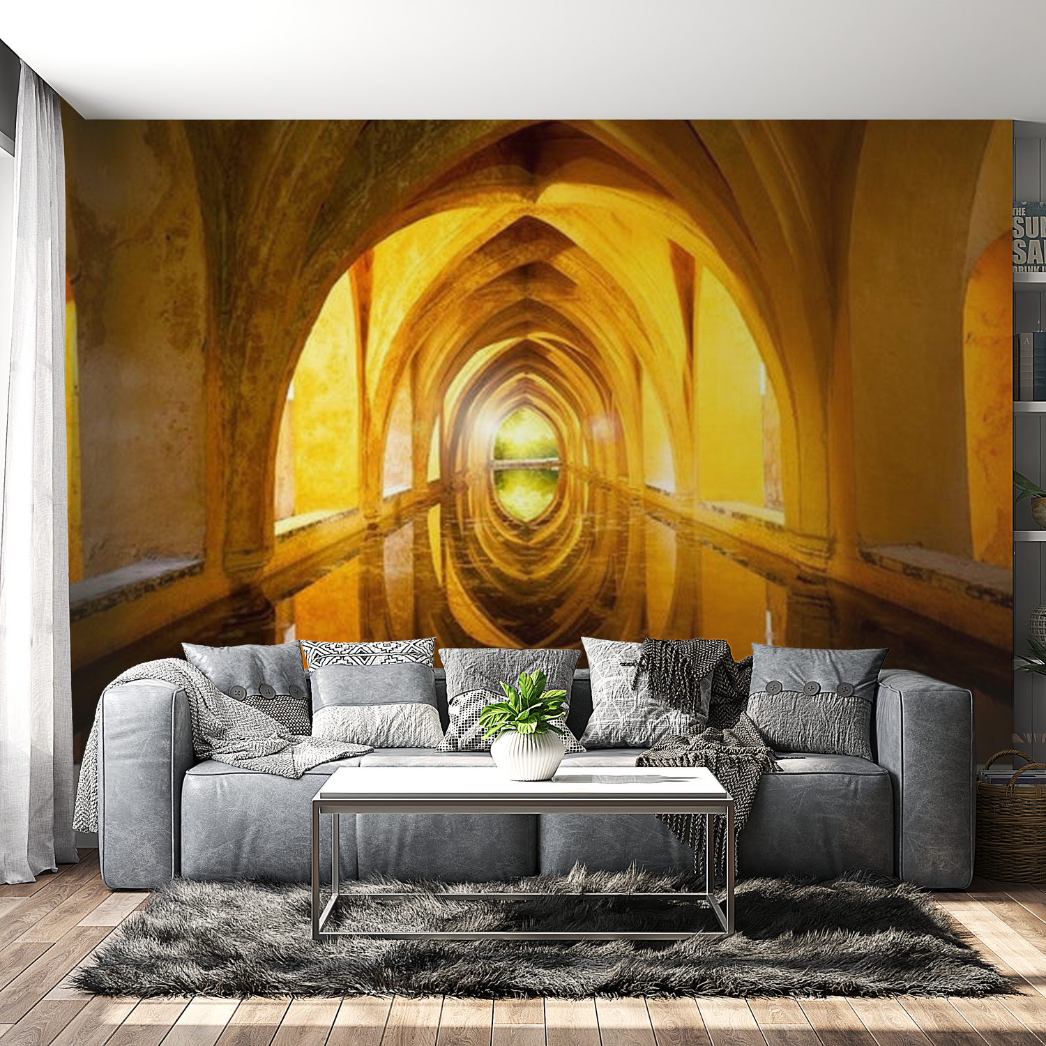 3D Illusion Wallpaper Wall Mural - The Golden Corridor 39"Wx27"H