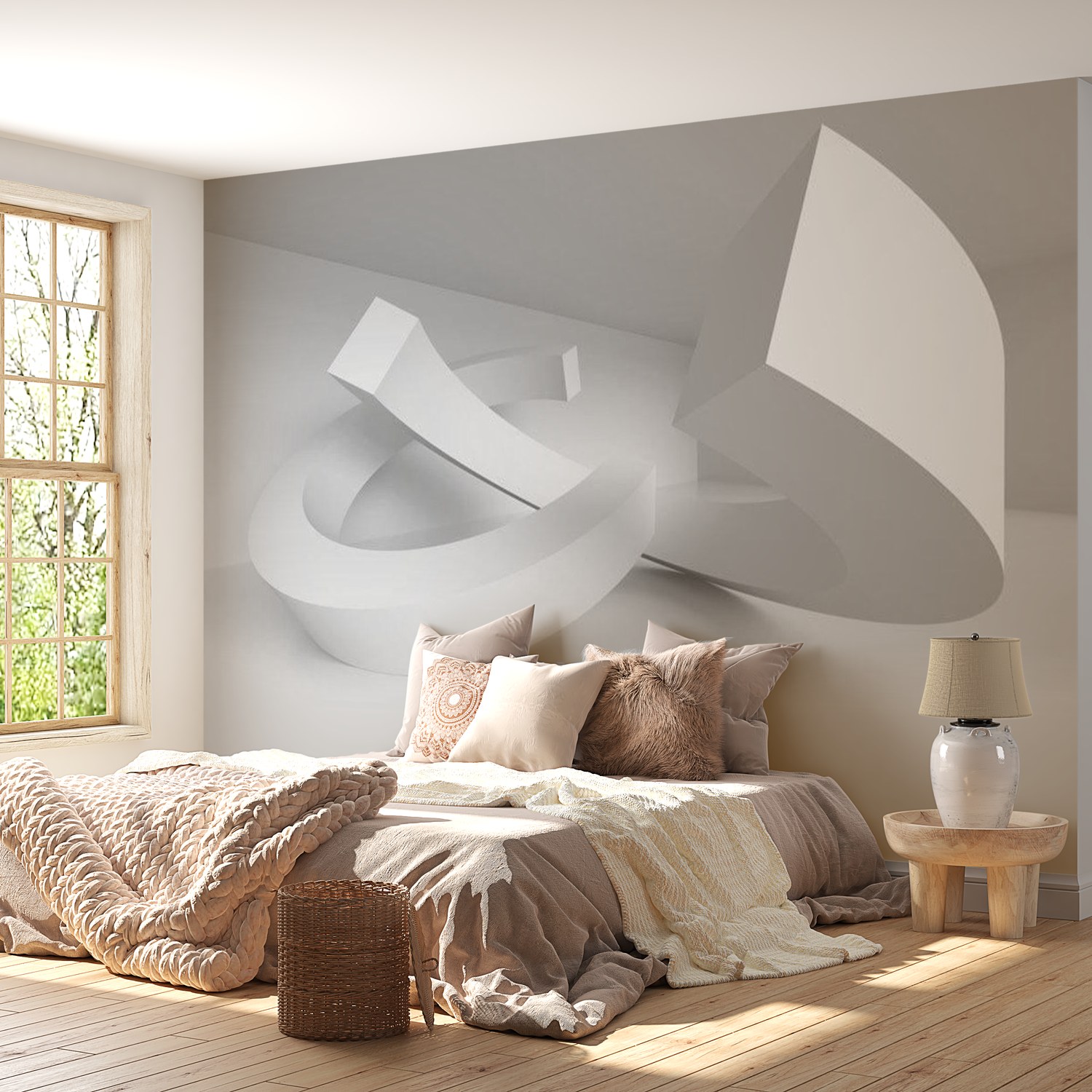 3D Illusion Wallpaper Wall Mural - White Duet 39"Wx27"H