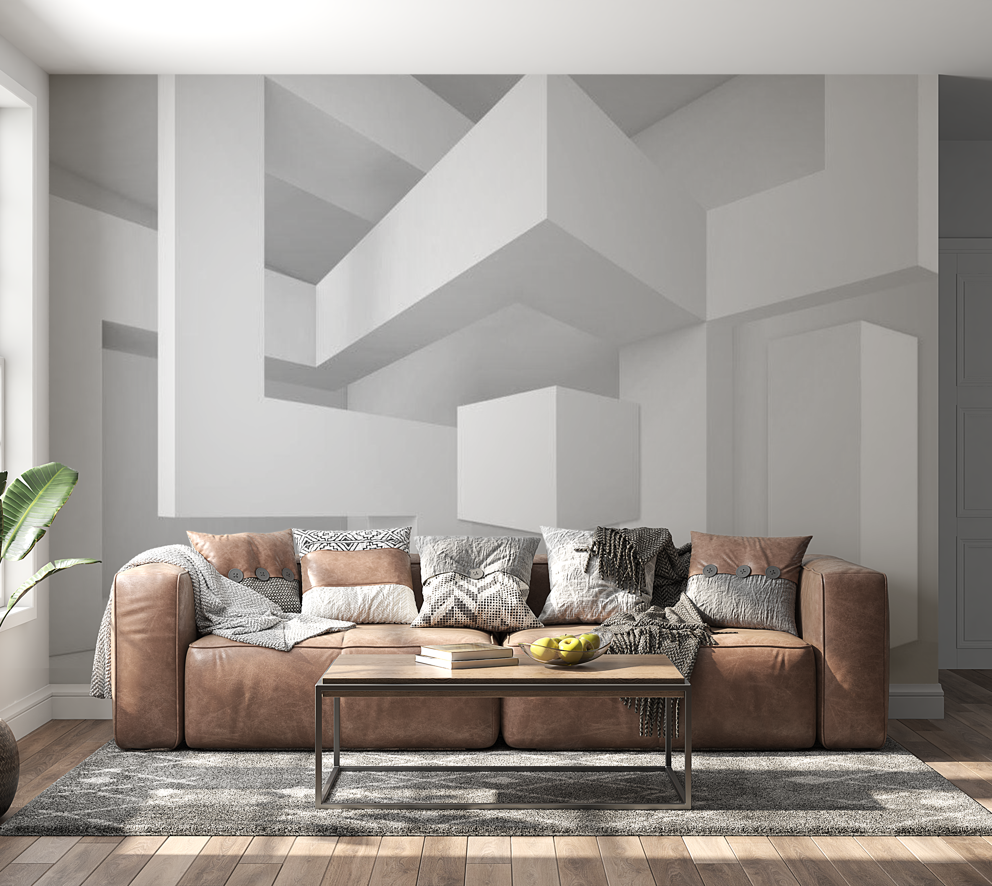 3D Illusion Wallpaper Wall Mural - White Geometry 39"Wx27"H