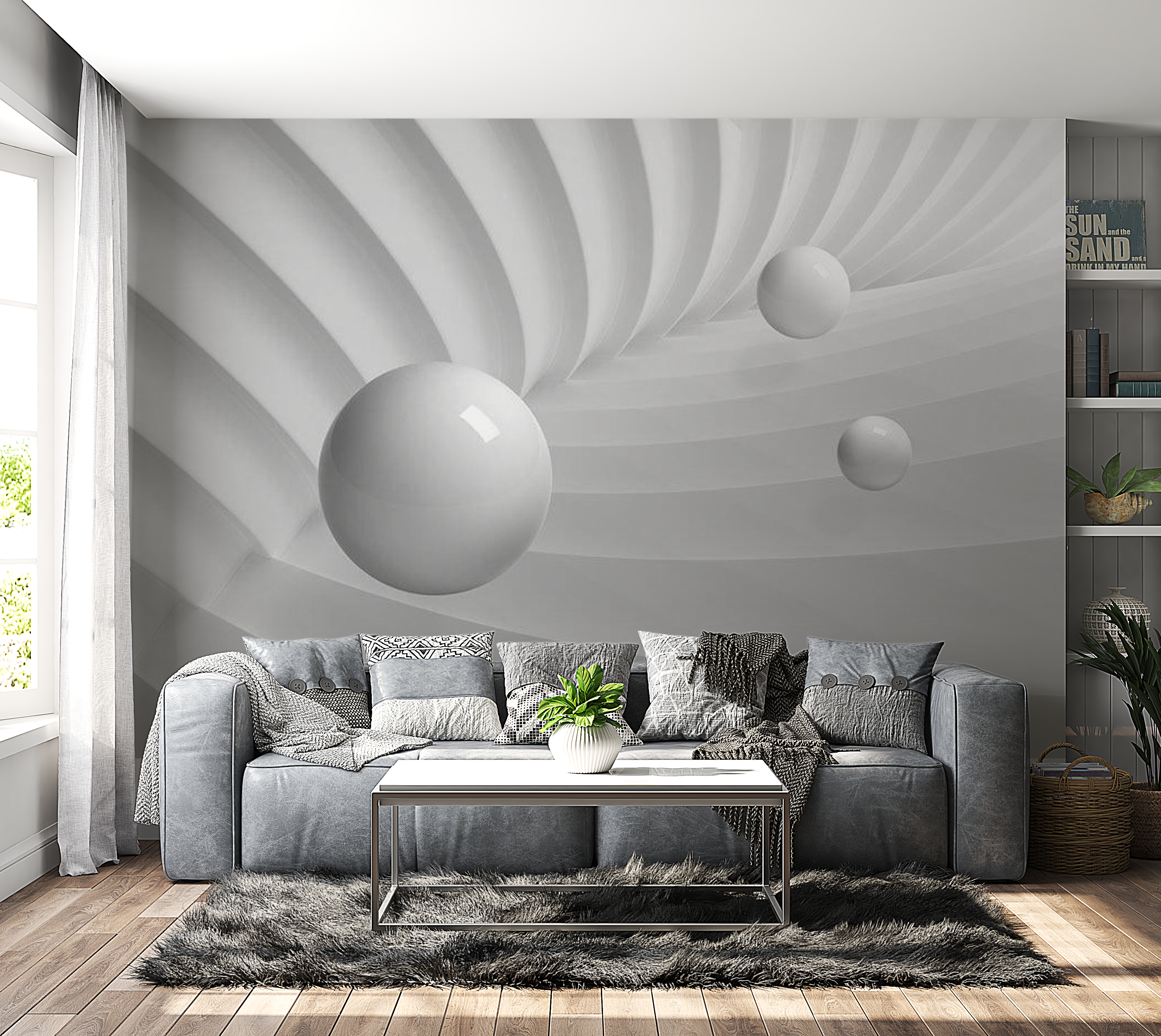 3D Illusion Wallpaper Wall Mural - White Symmetry 39"Wx27"H