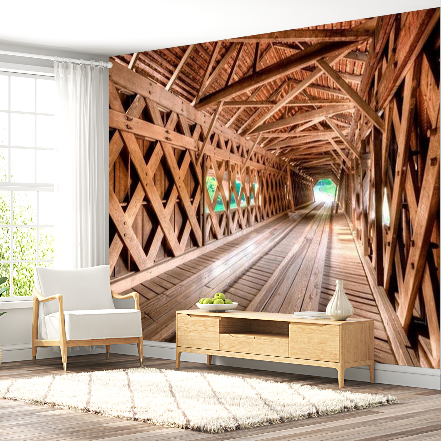 3D Illusion Wallpaper Wall Mural - Wooden Bridge 39"Wx27"H
