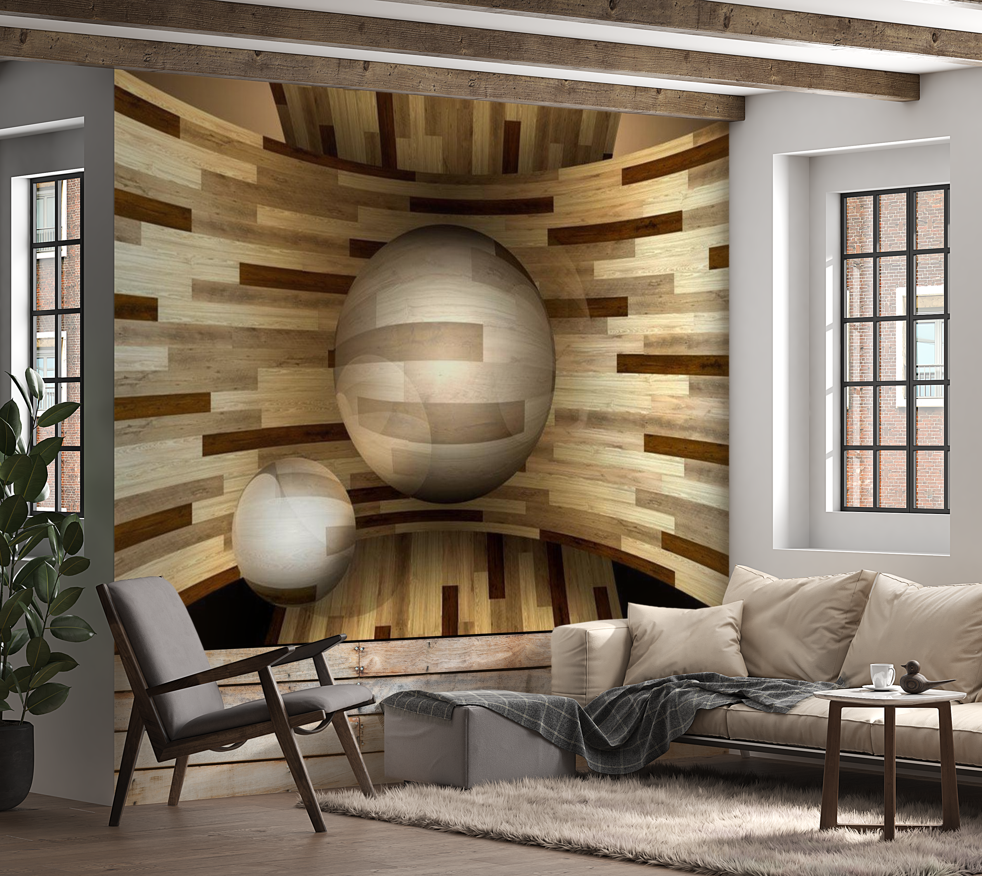 3D Illusion Wallpaper Wall Mural - Wooden Orbit 39"Wx27"H