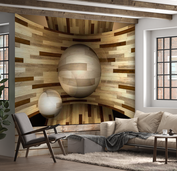 3D Illusion Wallpaper Wall Mural - Wooden Orbit 39"Wx27"H