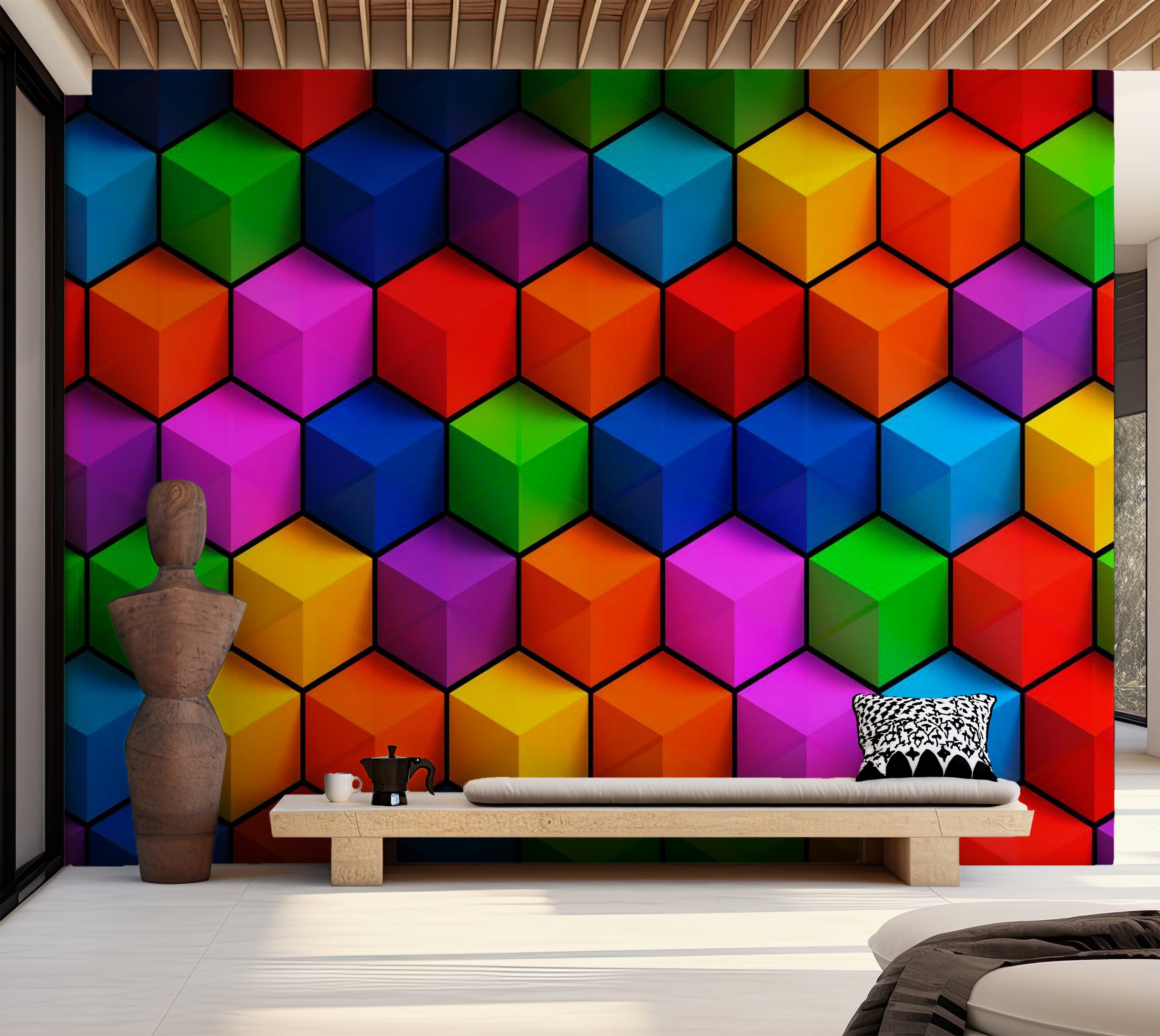 Abstract Wallpaper Wall Mural - Colorful Geometric Boxes 39"Wx27"H