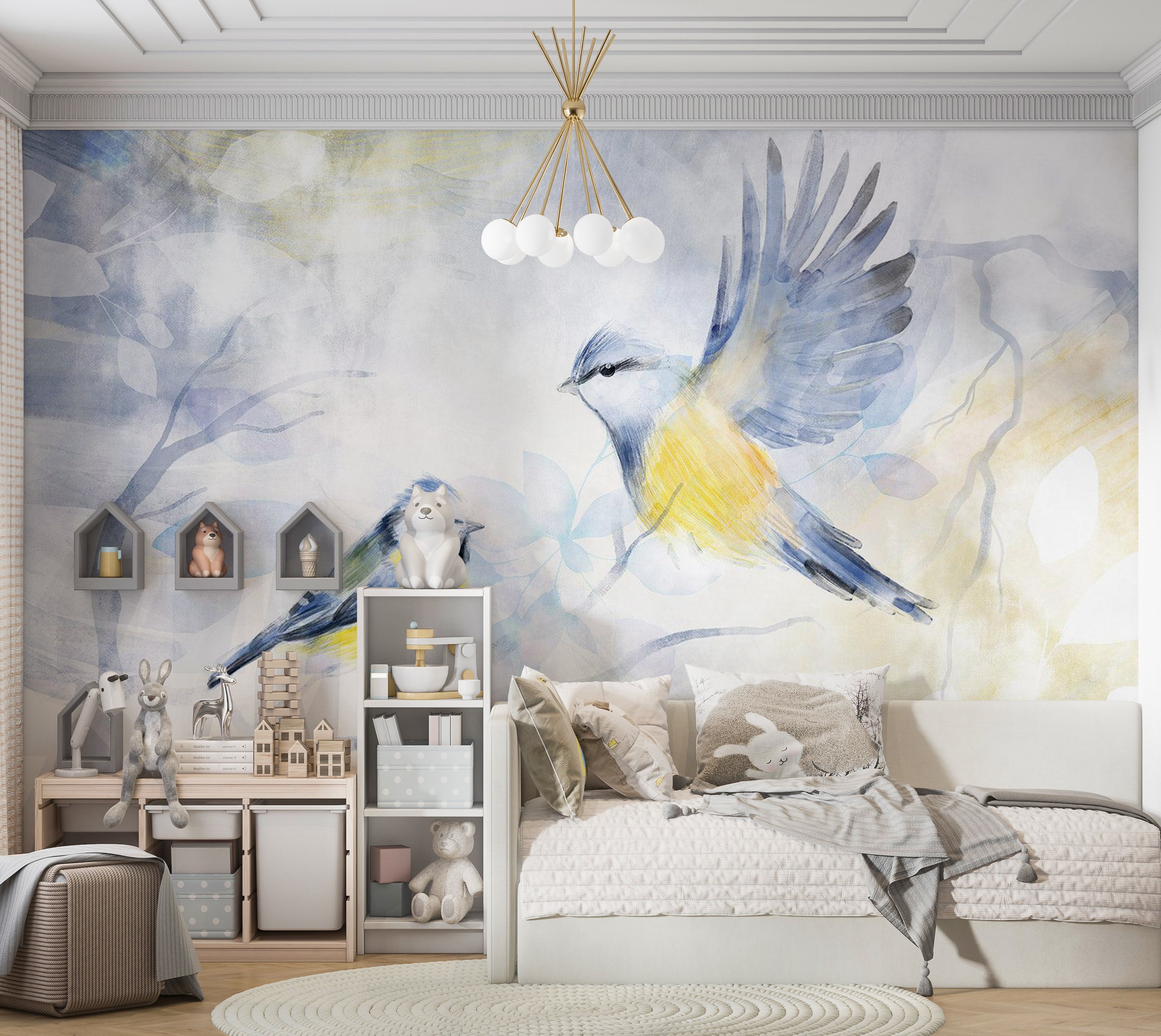 Animal Wallpaper Wall Mural - Watercolor Birds Blue 39"Wx27"H / Standard