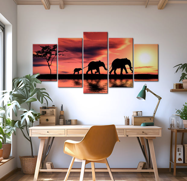 Stretched Canvas Landscape Art - African Elephants Family 40"Wx20"H