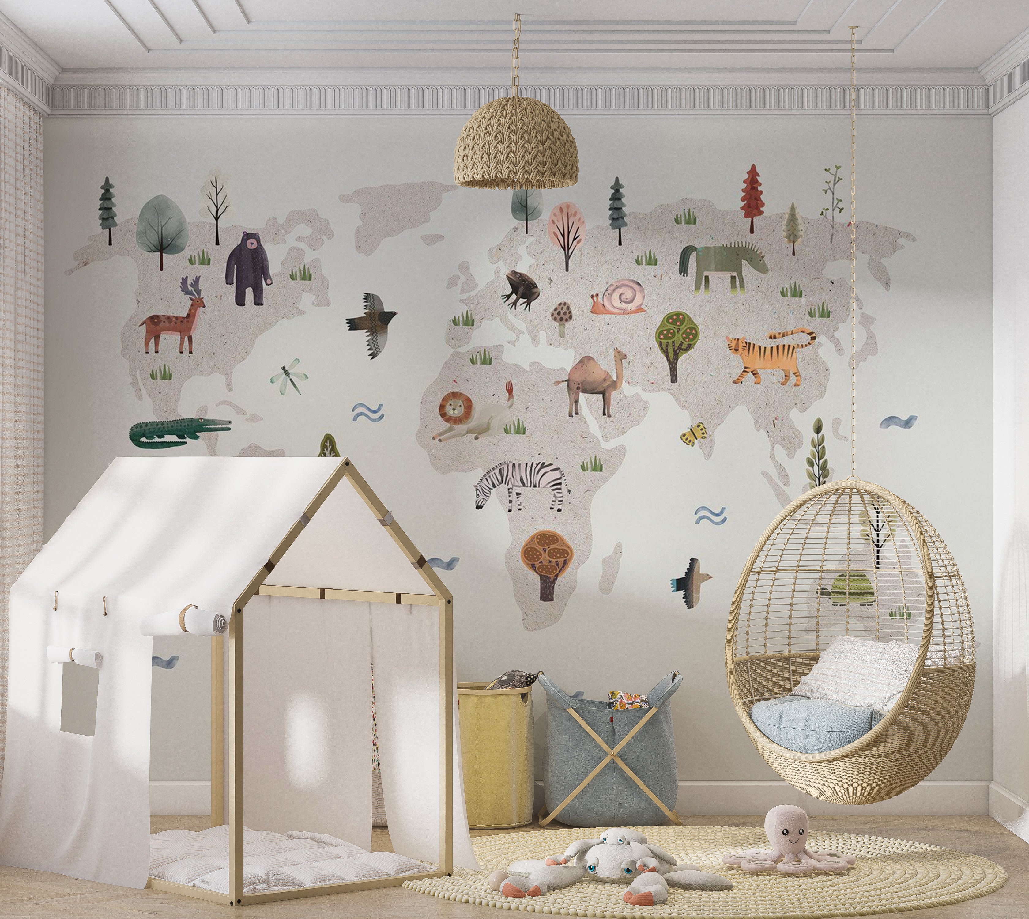 Kids Wallpaper Wall Mural - Beige World Map With Animals 39"Wx27"H / Standard