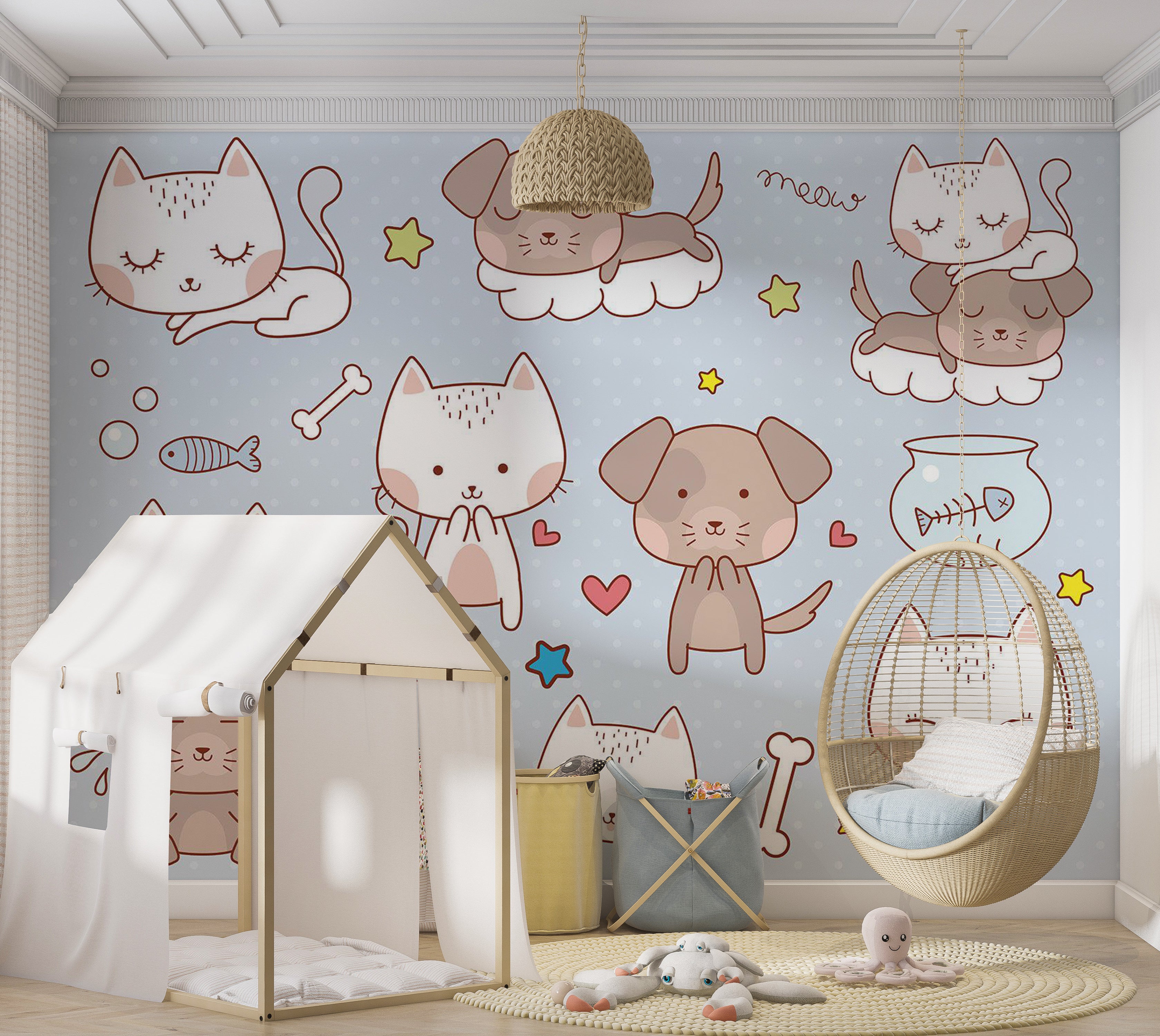 Kids Wallpaper Wall Mural - Cartoon Cats and Dogs 39"Wx27"H / Standard