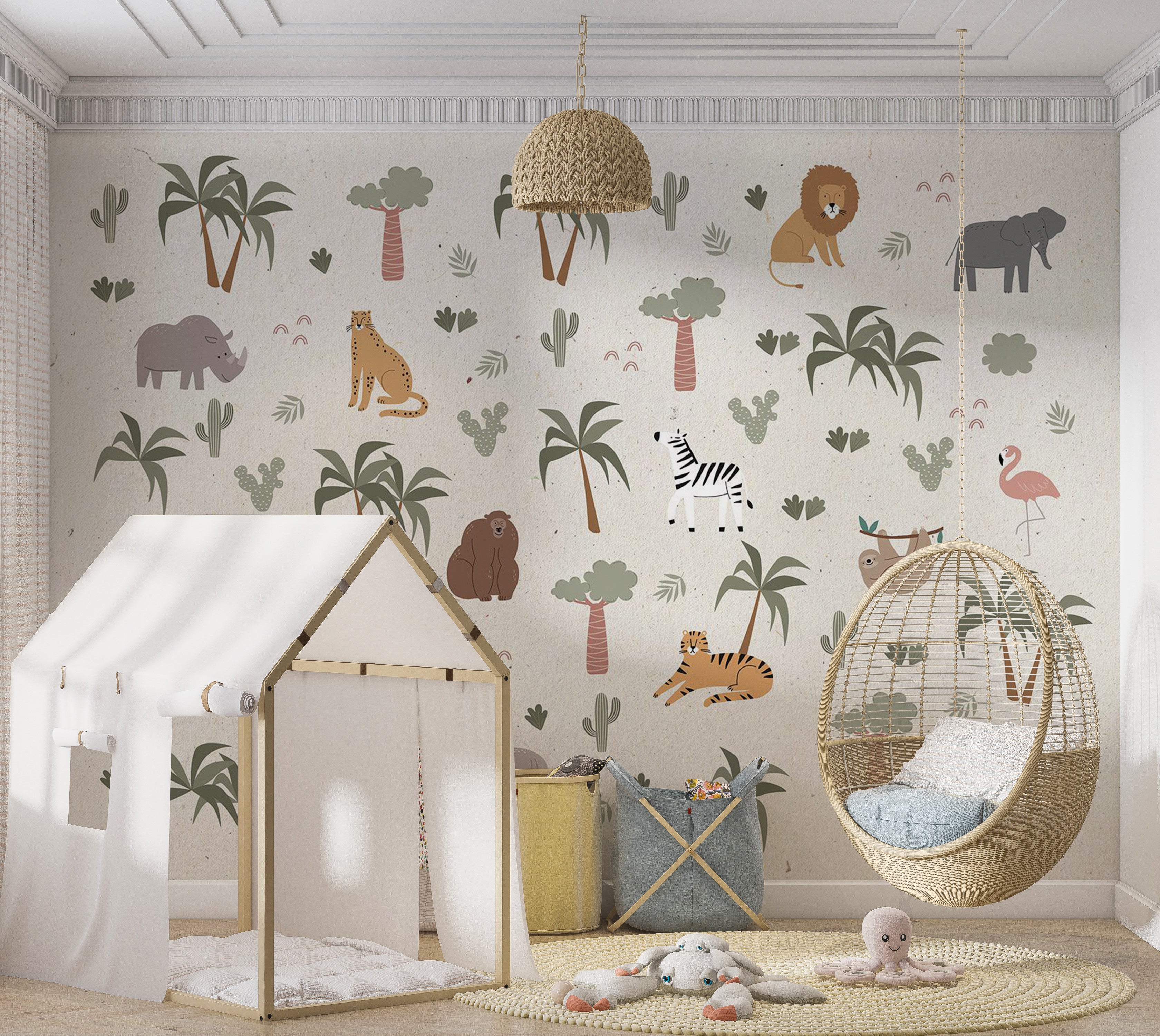 Kids Wallpaper Wall Mural - Cartoon Jungle Composition 39"Wx27"H / Standard