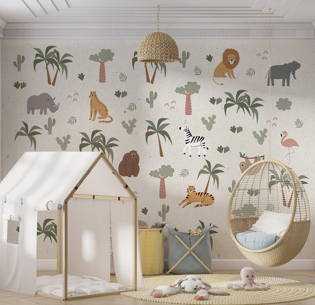 Kids Wallpaper Wall Mural - Cartoon Jungle Composition 39"Wx27"H / Standard