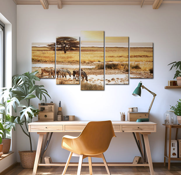 Stretched Canvas Landscape Art - Zebras On A Savannah 40"Wx20"H