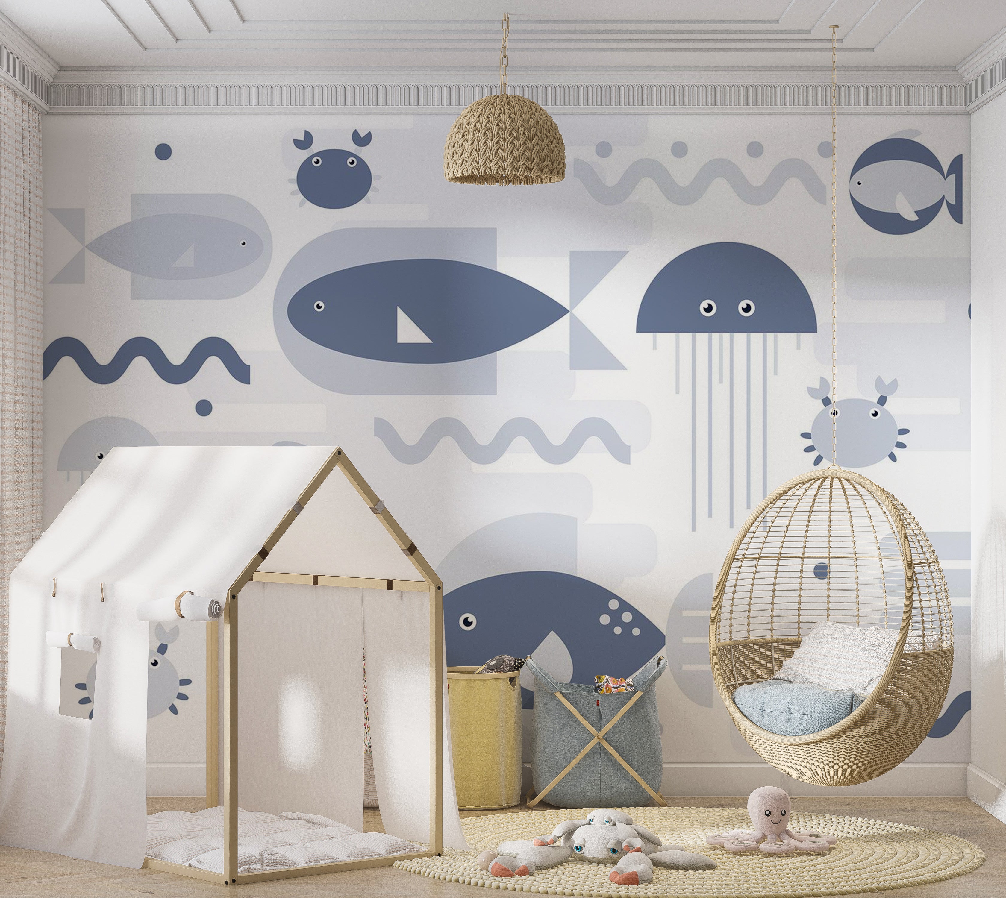 Kids Wallpaper Wall Mural - Geometric Fish and Crabs 39"Wx27"H / Standard