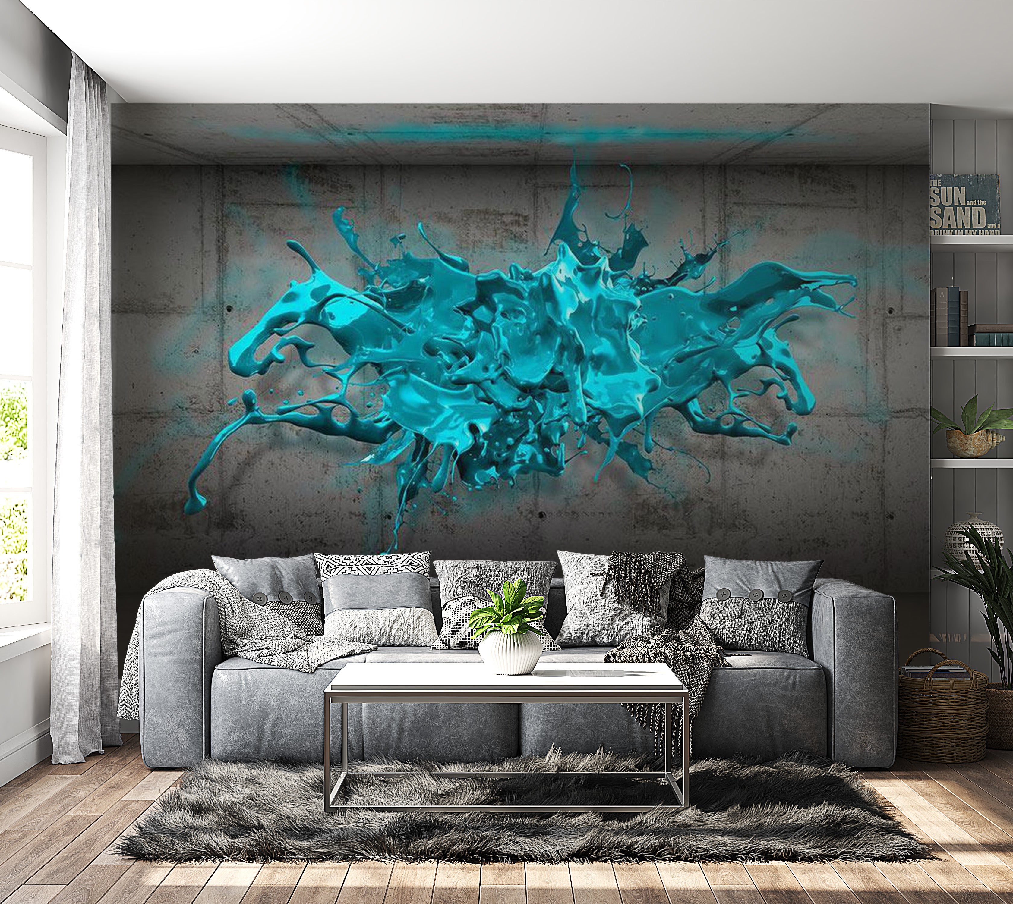 Abstract Wallpaper Wall Mural - Blue Ink Blot 39"Wx27"H