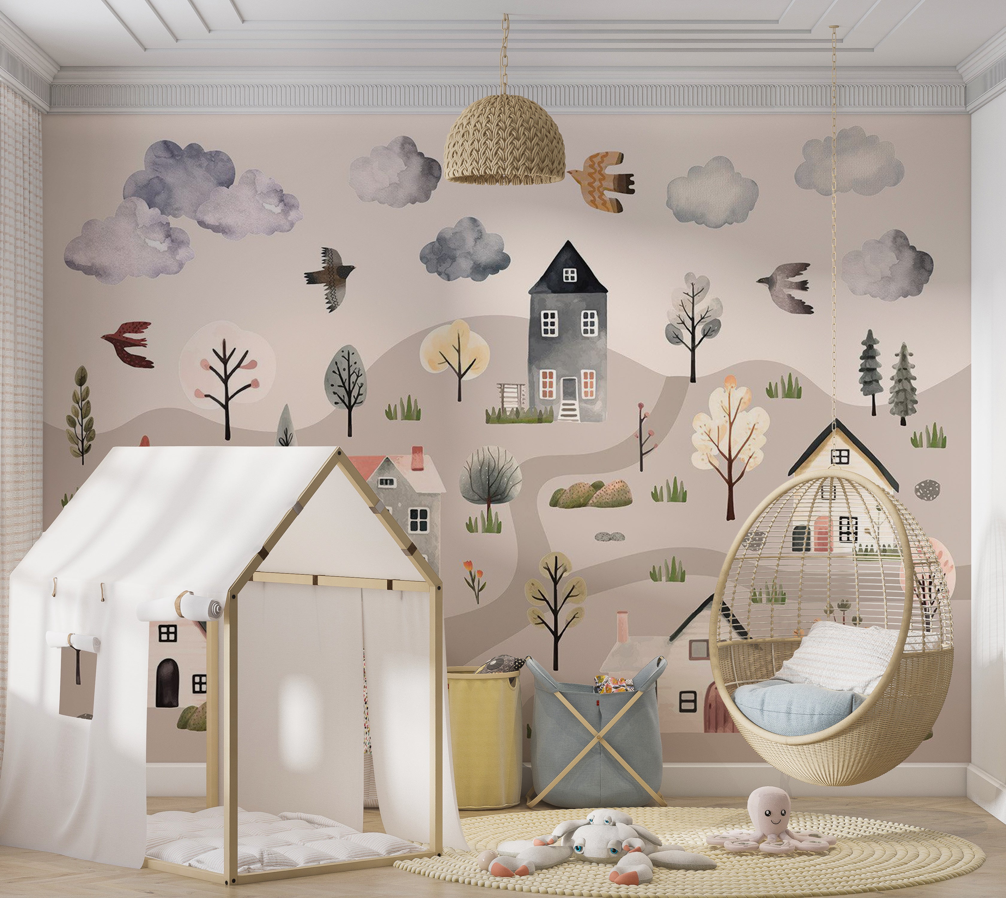 Kids Wallpaper Wall Mural - Scandinavian Valley in Pastel Colors 39"Wx27"H / Standard