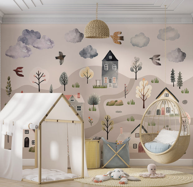 Kids Wallpaper Wall Mural - Scandinavian Valley in Pastel Colors 39"Wx27"H / Standard