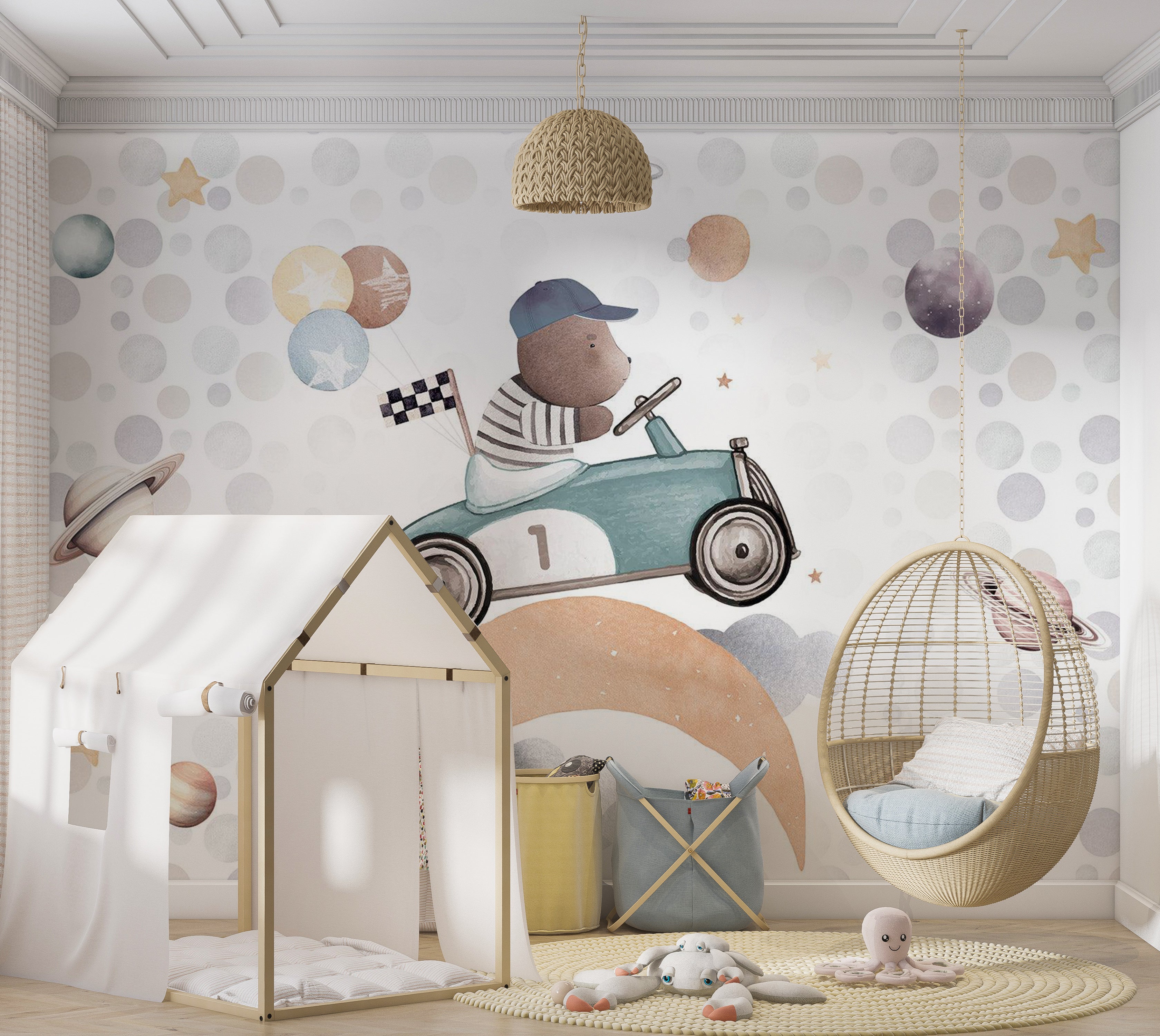 Kids Wallpaper Wall Mural - Teddy Bear in a Racing Car 39"Wx27"H / Standard