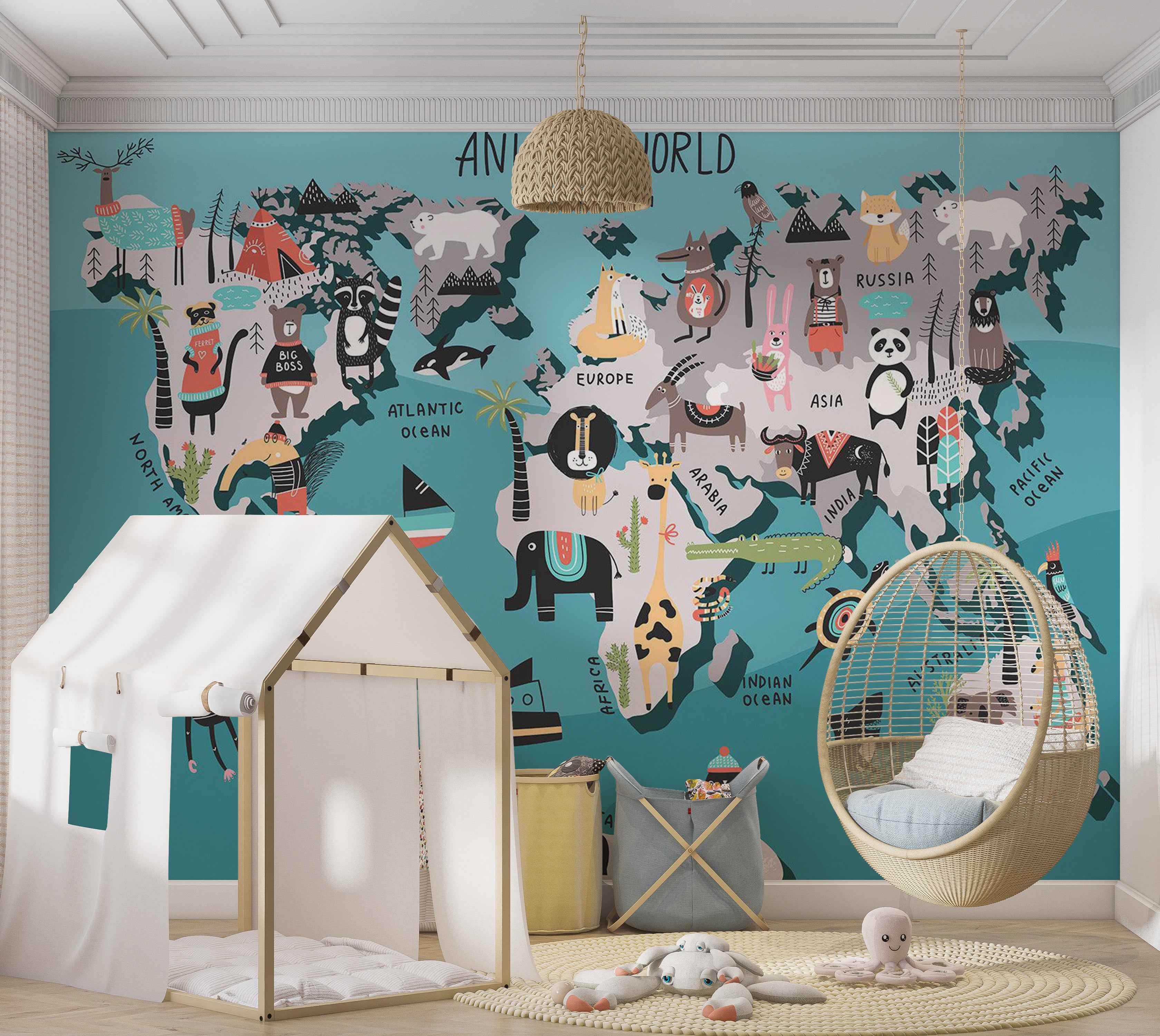 Kids Wallpaper Wall Mural - World Map With Animals 39"Wx27"H / Standard