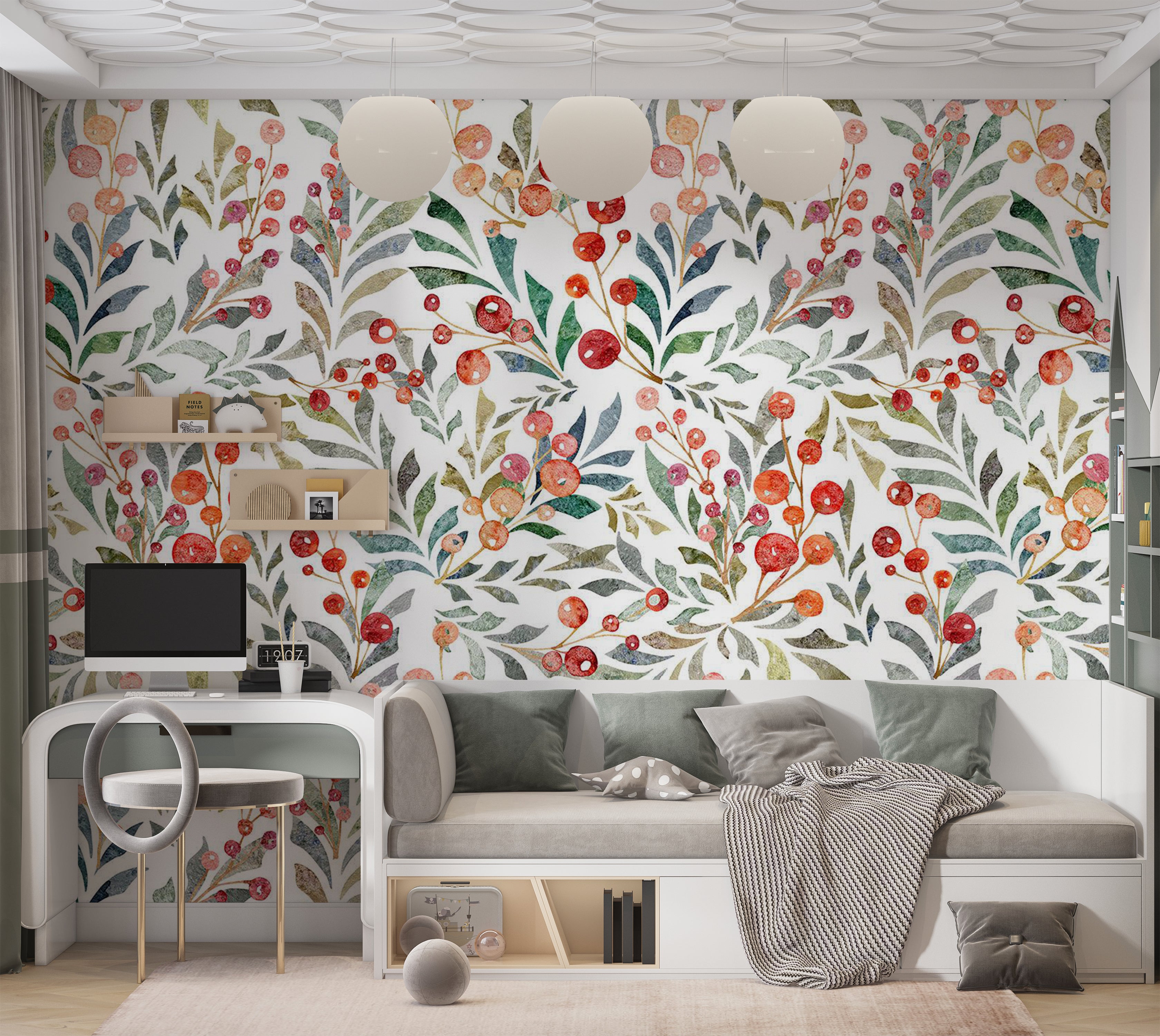 Botanical Wallpaper Wall Mural - Leaves of Red Berries 39"Wx27"H / Standard