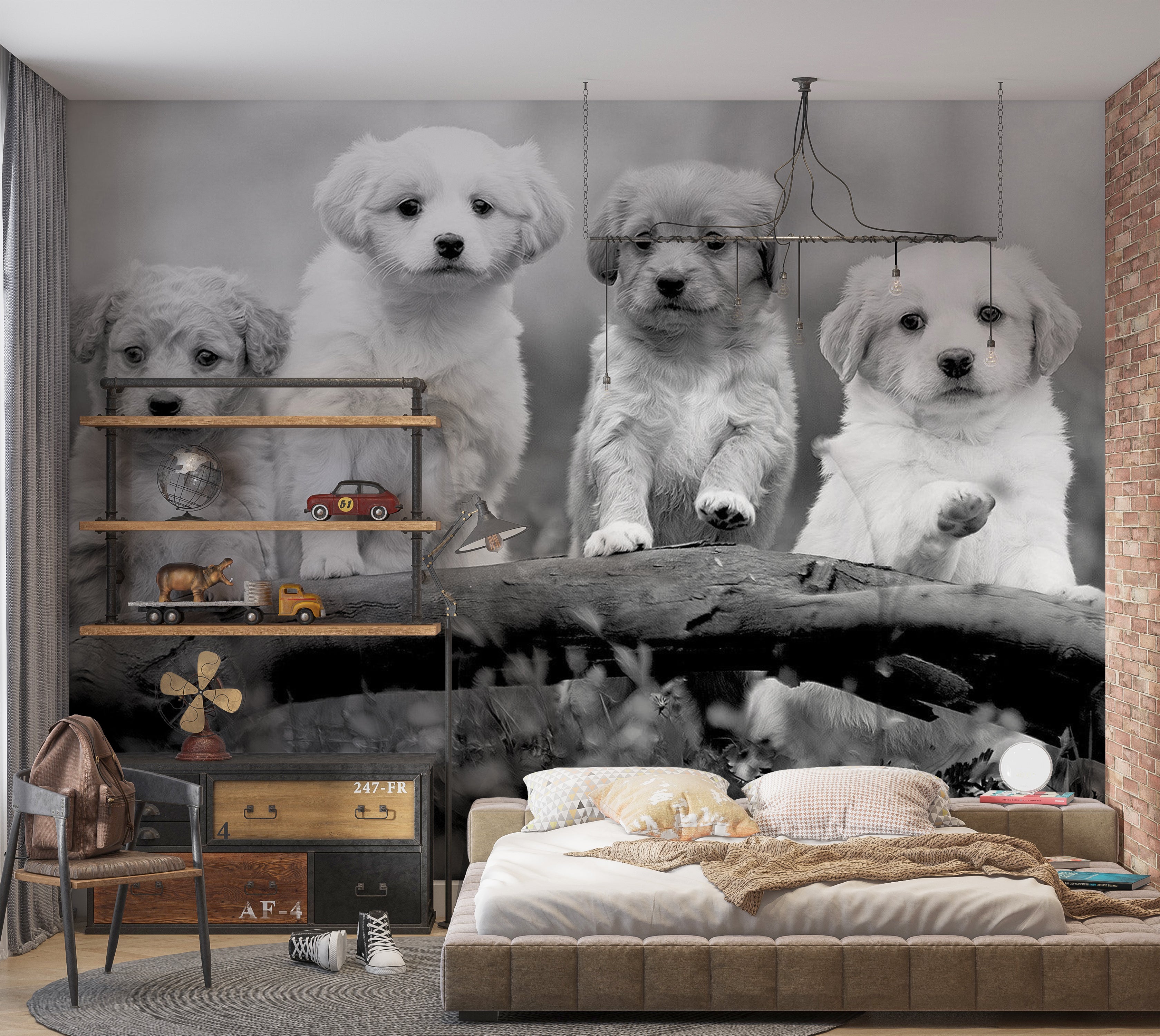 Animal Wallpaper Wall Mural - Four Puppies 39"Wx27"H / Standard