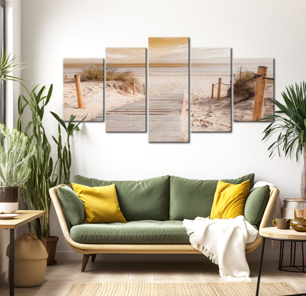 Stretched Canvas Landscape Art - Morning On The Beach - Sepia 40"Wx20"H