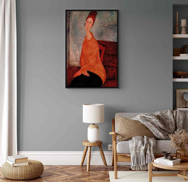 Floating Framed Canvas Art - Jeanne Hébuterne with Yellow Sweater - Amedeo Modigliani