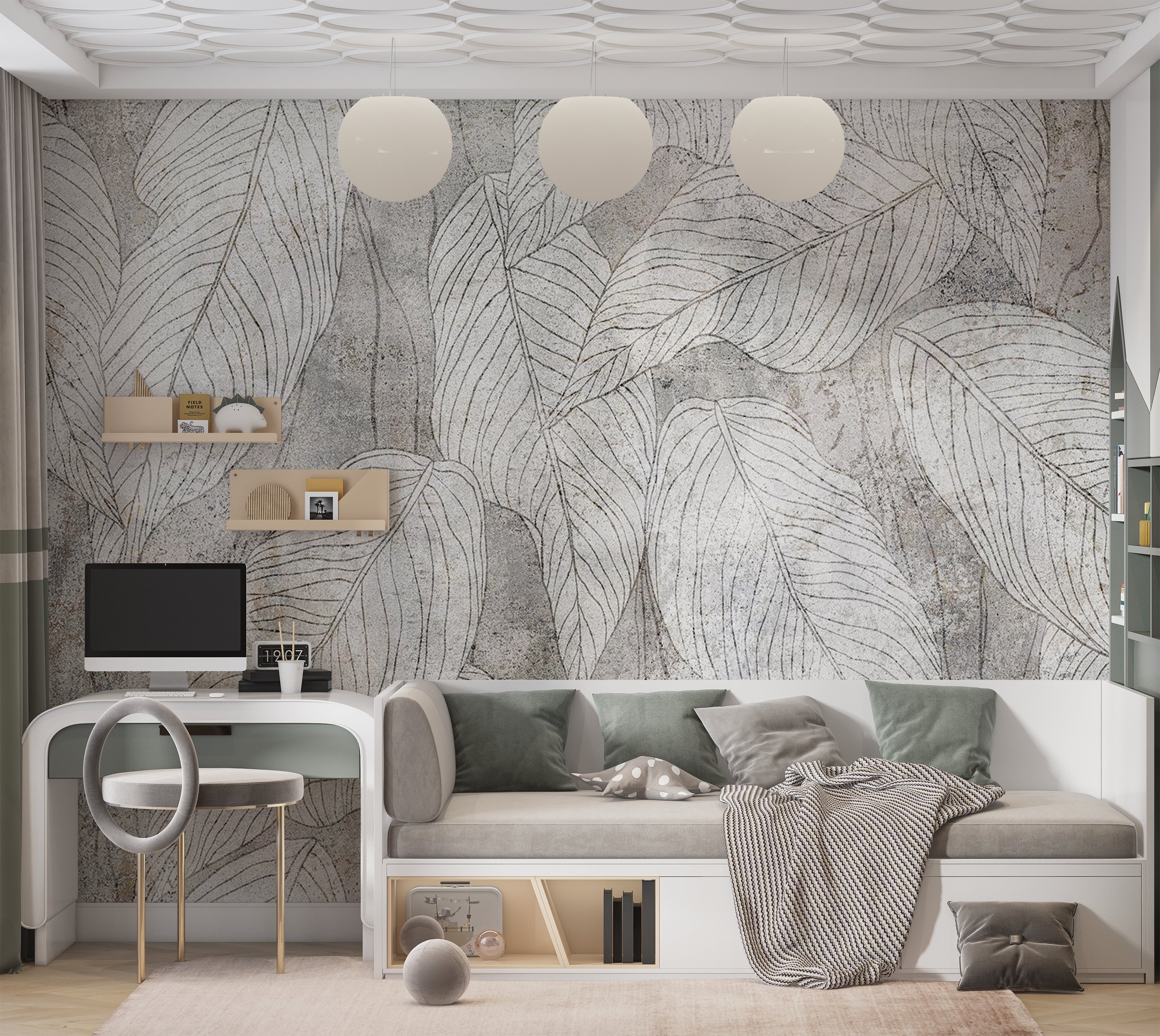 Botanical Wallpaper Wall Mural - Modern Leaf Line Art 39"Wx27"H / Standard