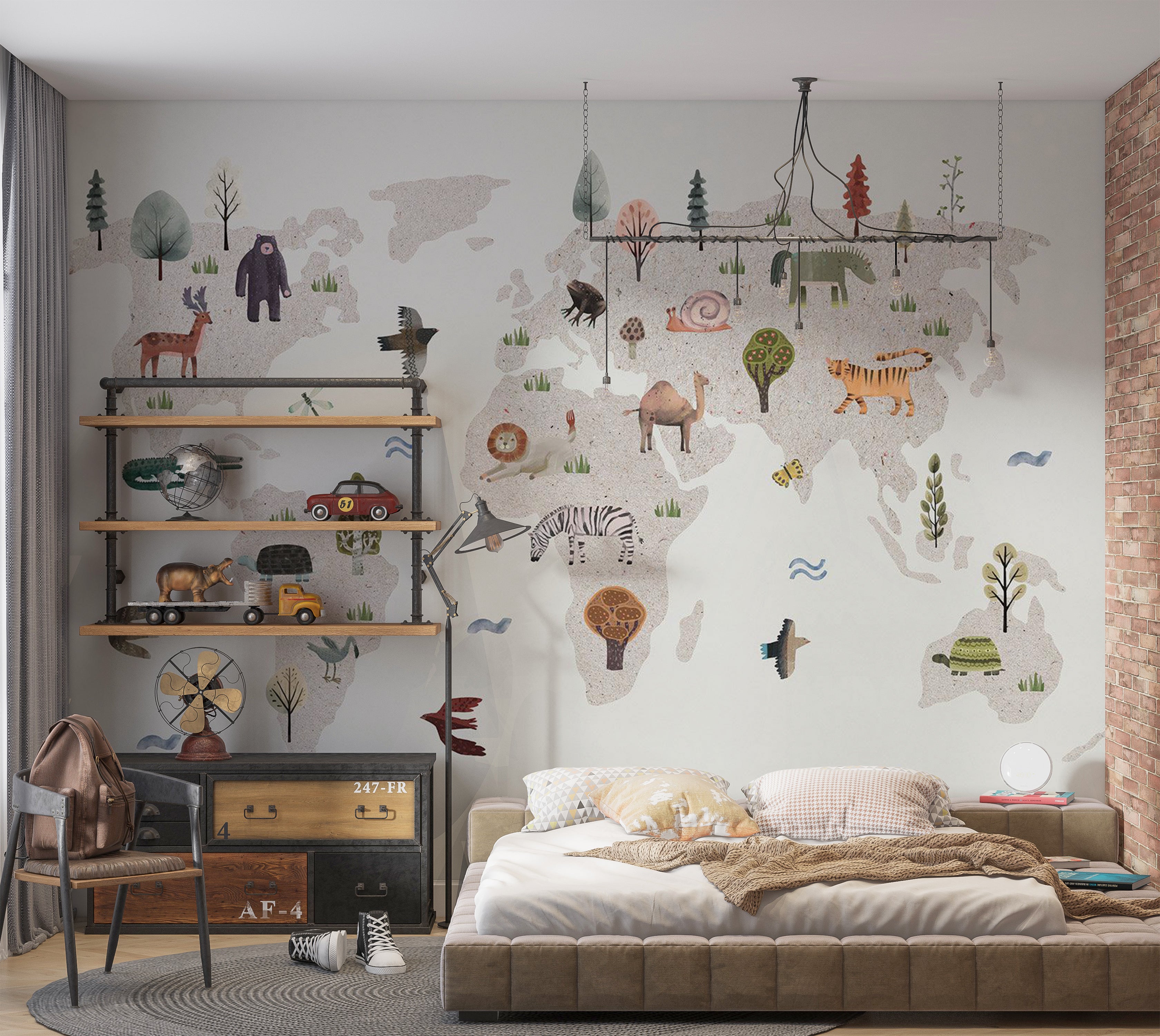 Kids Wallpaper Wall Mural - Beige World Map With Animals 39"Wx27"H / Standard