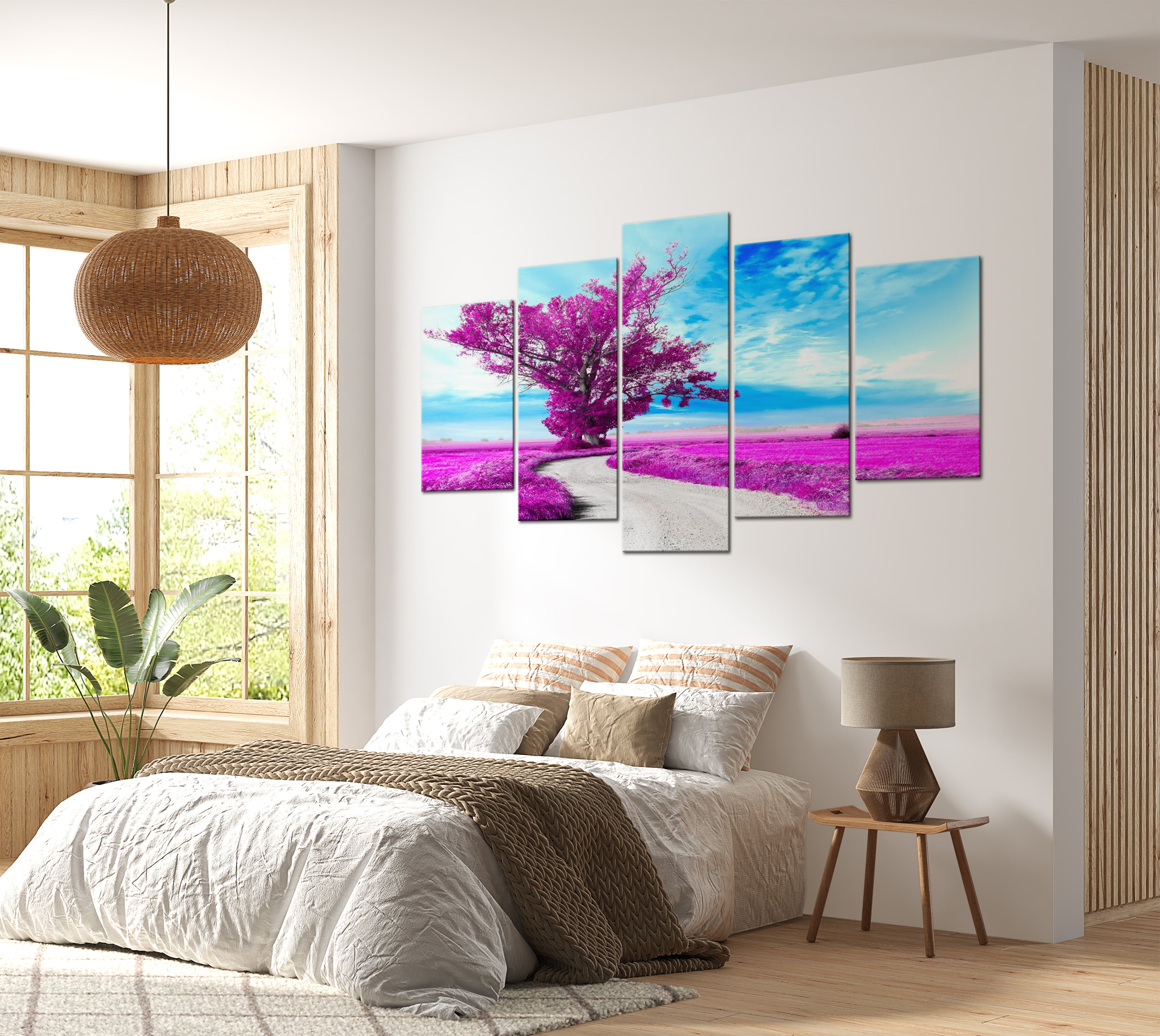 Stretched Canvas Landscape Art - Tree Near The Road Violet 40"Wx20"H