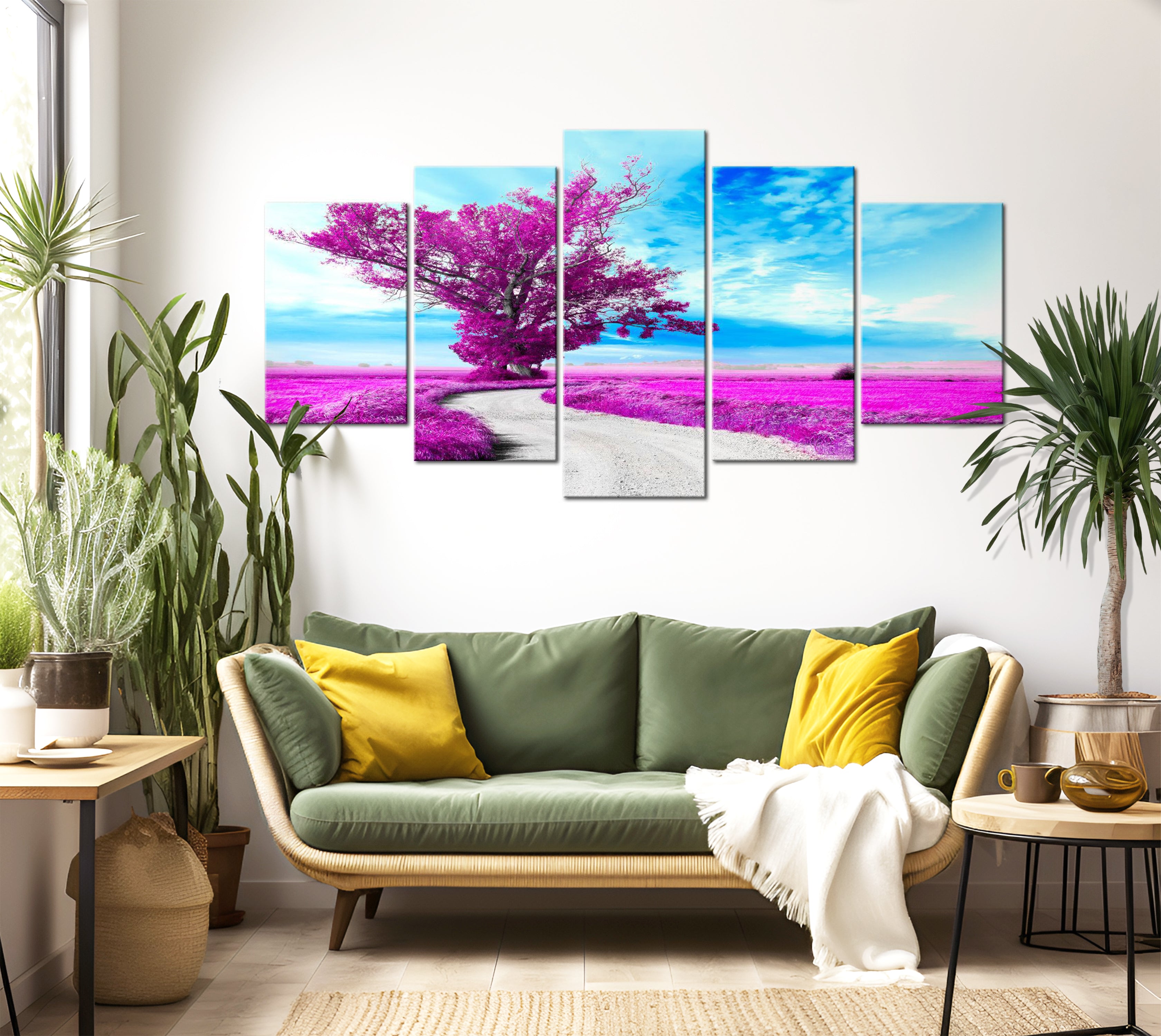 Stretched Canvas Landscape Art - Tree Near The Road Violet 40"Wx20"H