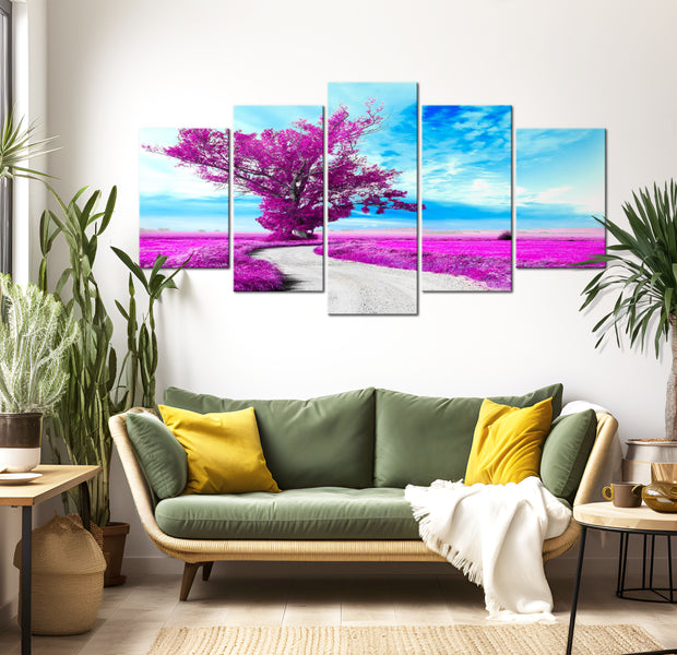 Stretched Canvas Landscape Art - Tree Near The Road Violet 40"Wx20"H