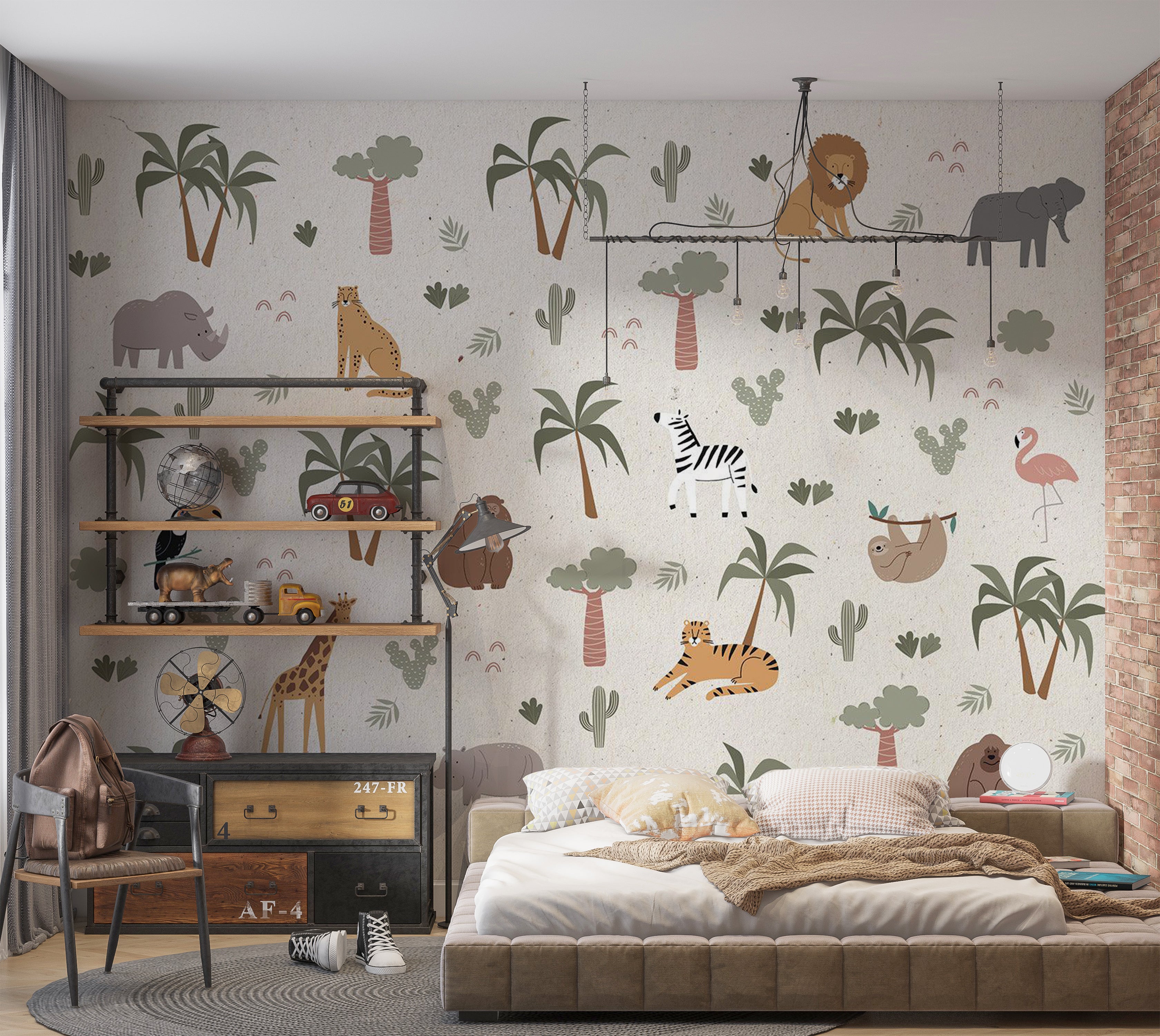 Kids Wallpaper Wall Mural - Cartoon Jungle Composition 39"Wx27"H / Standard