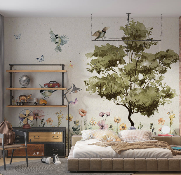 Kids Wallpaper Wall Mural - Flowers Painted in Watercolors 39"Wx27"H / Standard